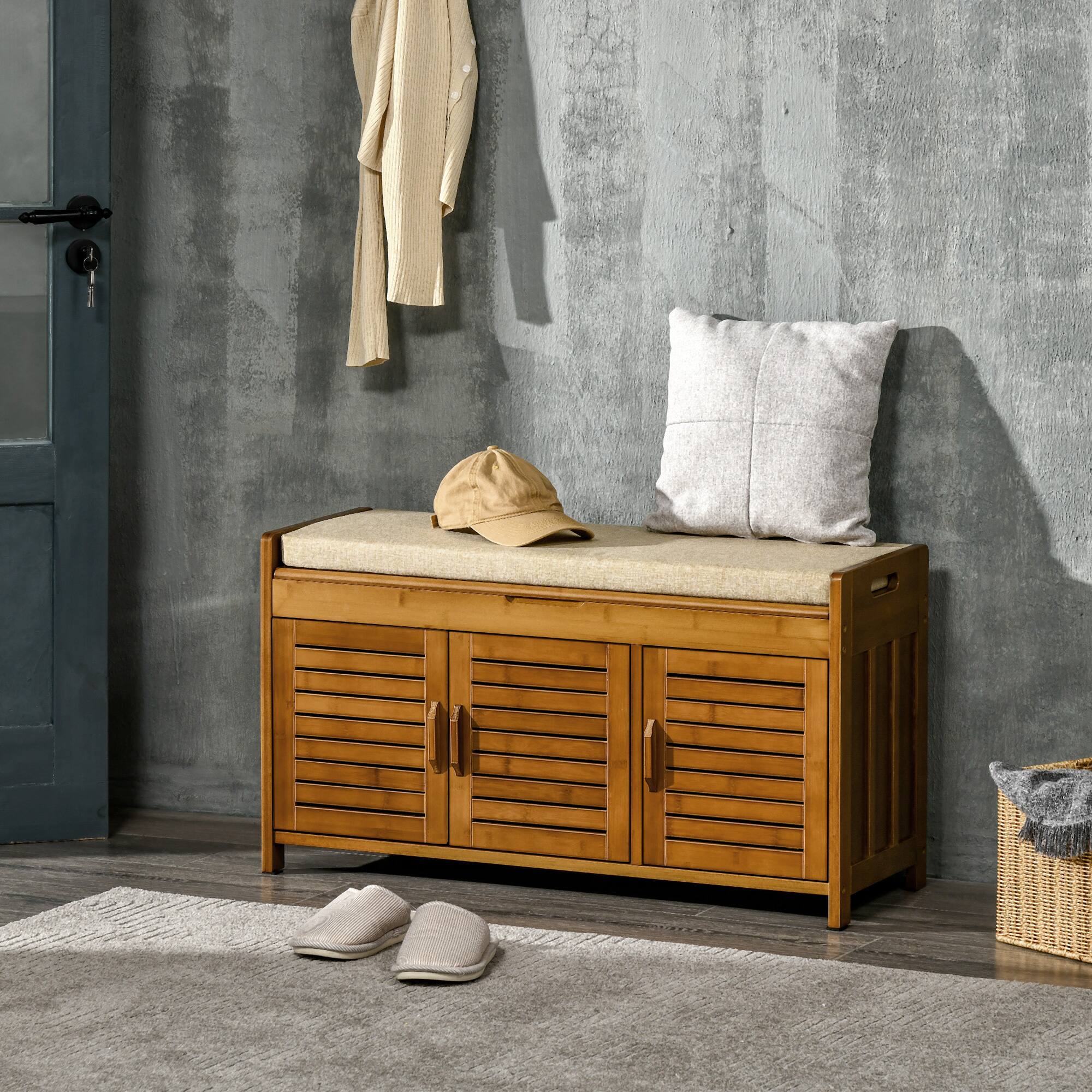 Alt View 1. Homcom - Shoe Storage Bench, Bamboo Entryway Bench with Cushion, Cabinets and Hidden Compartment for Hallway - Dark Cherry.