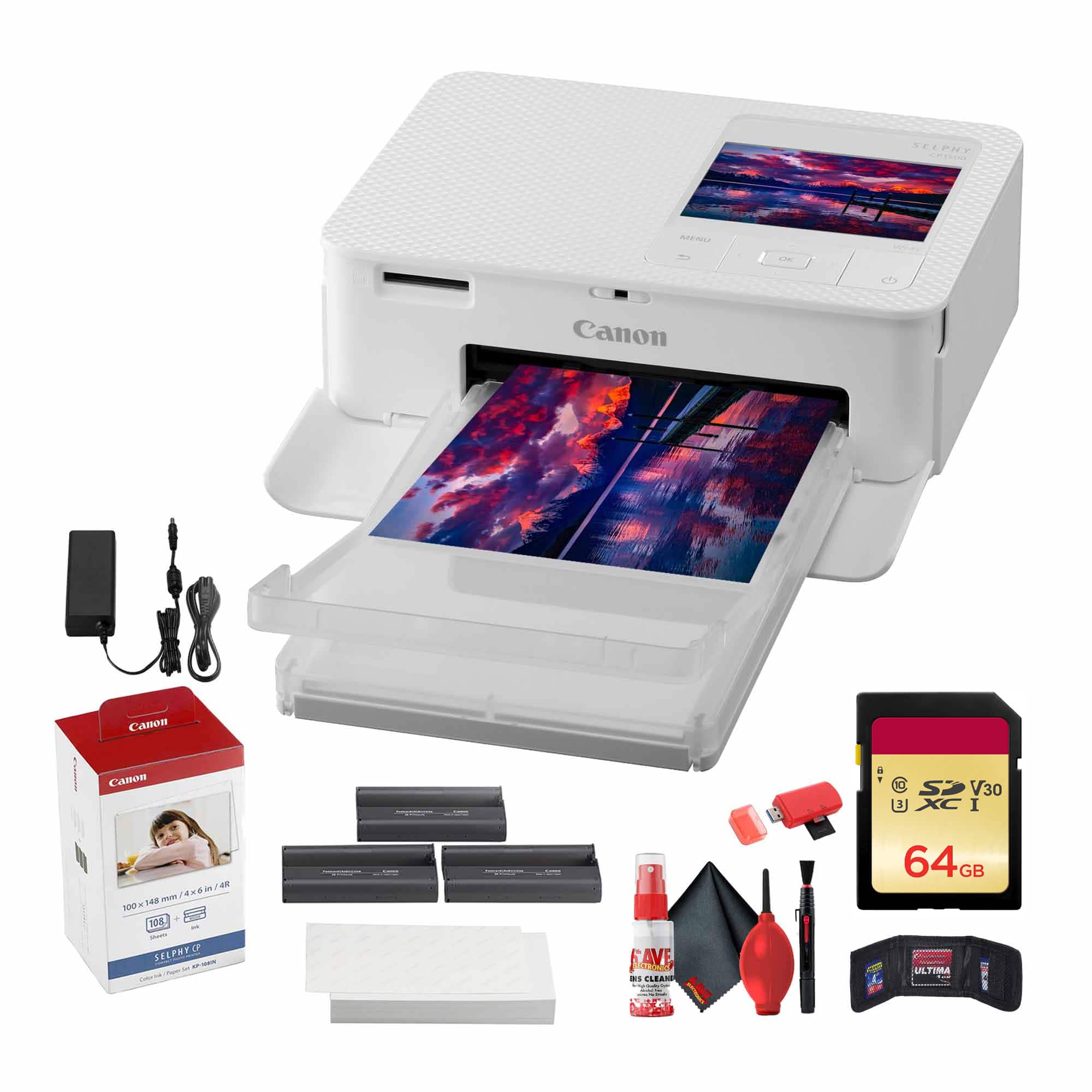 Canon - SELPHY CP1500 Compact Photo Printer (5540C002) + KP-108IN Color Ink and Paper Set + 64GB Card + More - White