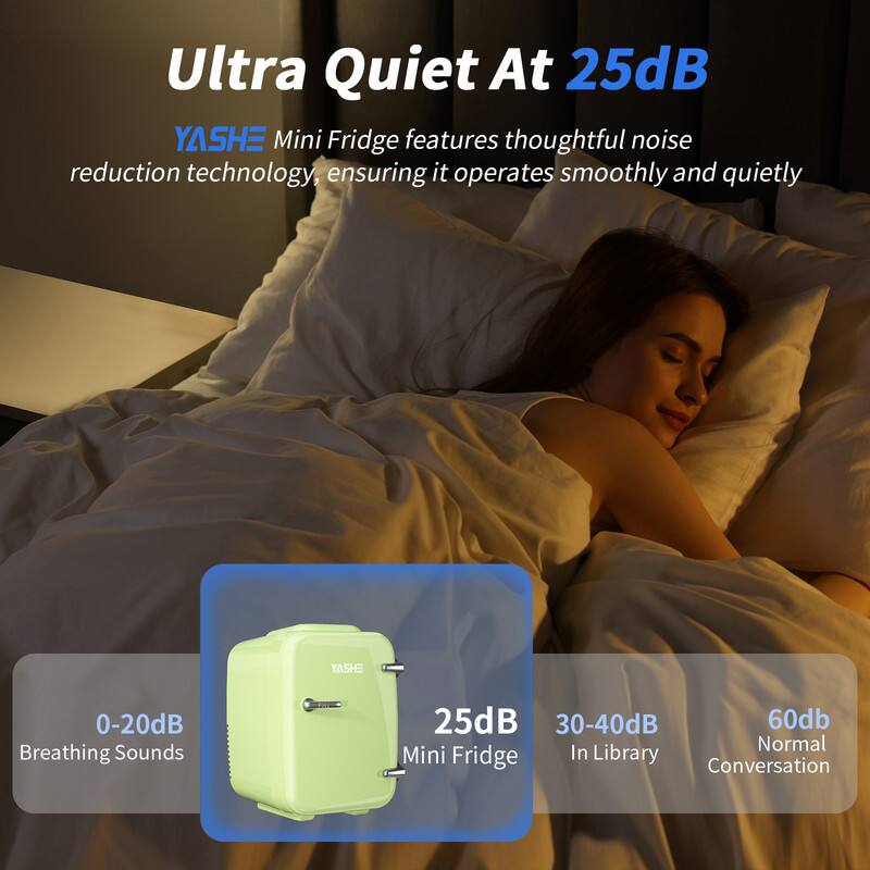 Ultra Quiet At 25dB

YASHE Mini Fridge features thoughtful noise reduction technology, ensuring it operates smoothly and quietly.

0-20dB Breathing Sounds  
25dB Mini Fridge  
30-40dB In Library  
60dB Normal Conversation