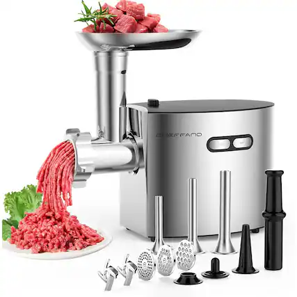 Front. PARKER SLATER - Electric Meat Grinder, Stainless Steel, 4 Sausage Tubes, Heavy-Duty - Silver.