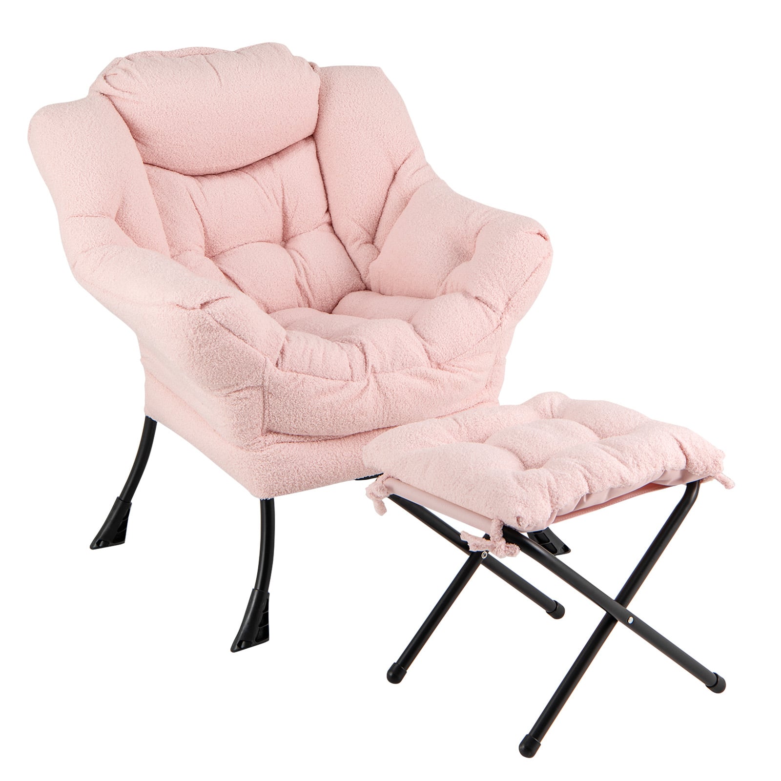 WELLFOR - Modern Accent Chair with Folding Footrest and Head Pillow - Pink