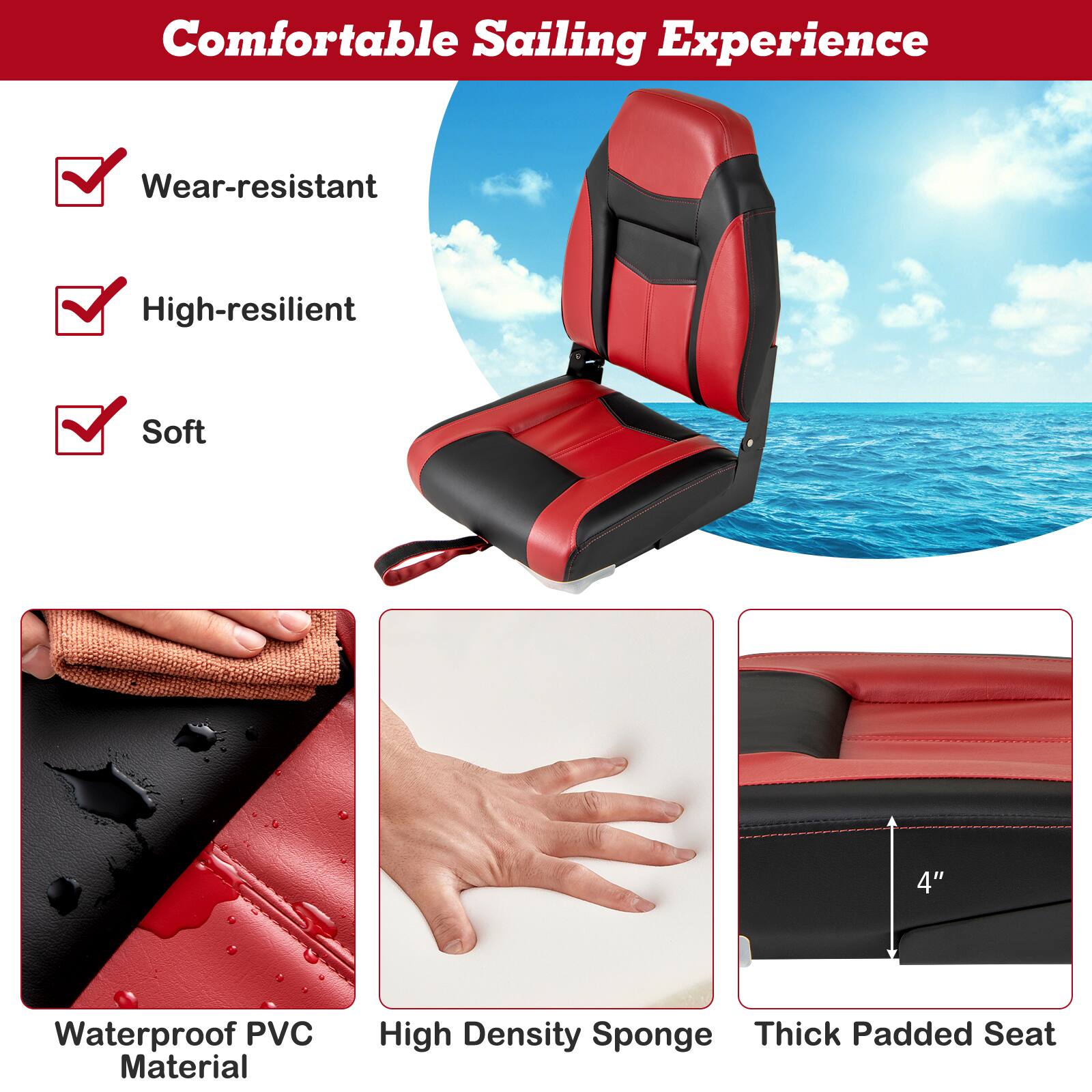 Comfortable Sailing Experience

- Wear-resistant
- High-resilient
- Soft

- Waterproof PVC Material
- High Density Sponge
- Thick Padded Seat (4")