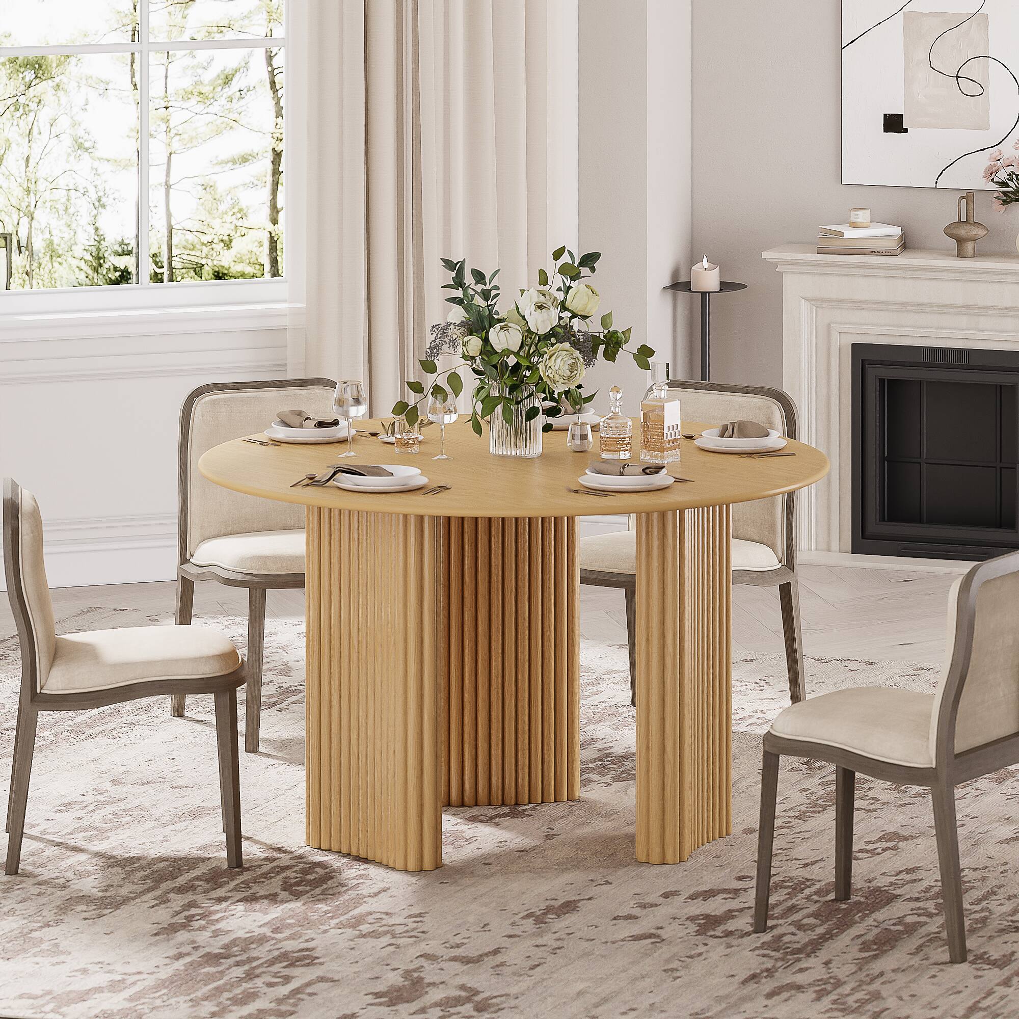 PexFix - Solid Oak Farmhouse Dining Table for 4, 46" Minimalist Round Kitchen Table with 3-Leg Base - Natural