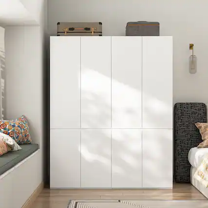 Front. Famapy - Skin-Feel Finish Eco-Friendly Wardrobe with Multi-Compartment Storage & Hidden Compartments for Bedroom Organization - White.