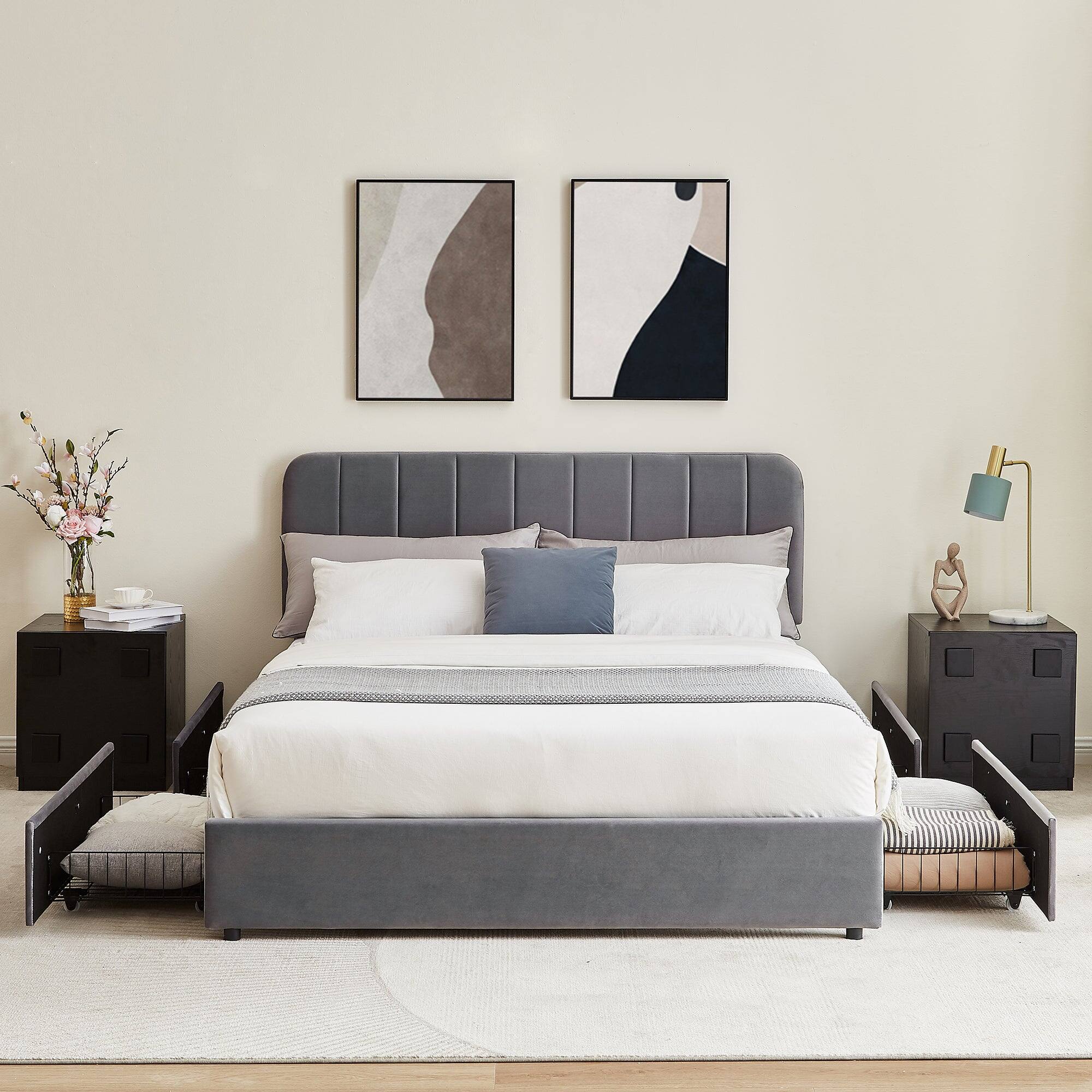 Vecelo Full Size Storage Bed Frame with 4 Drawers Velvet Upholstered ...