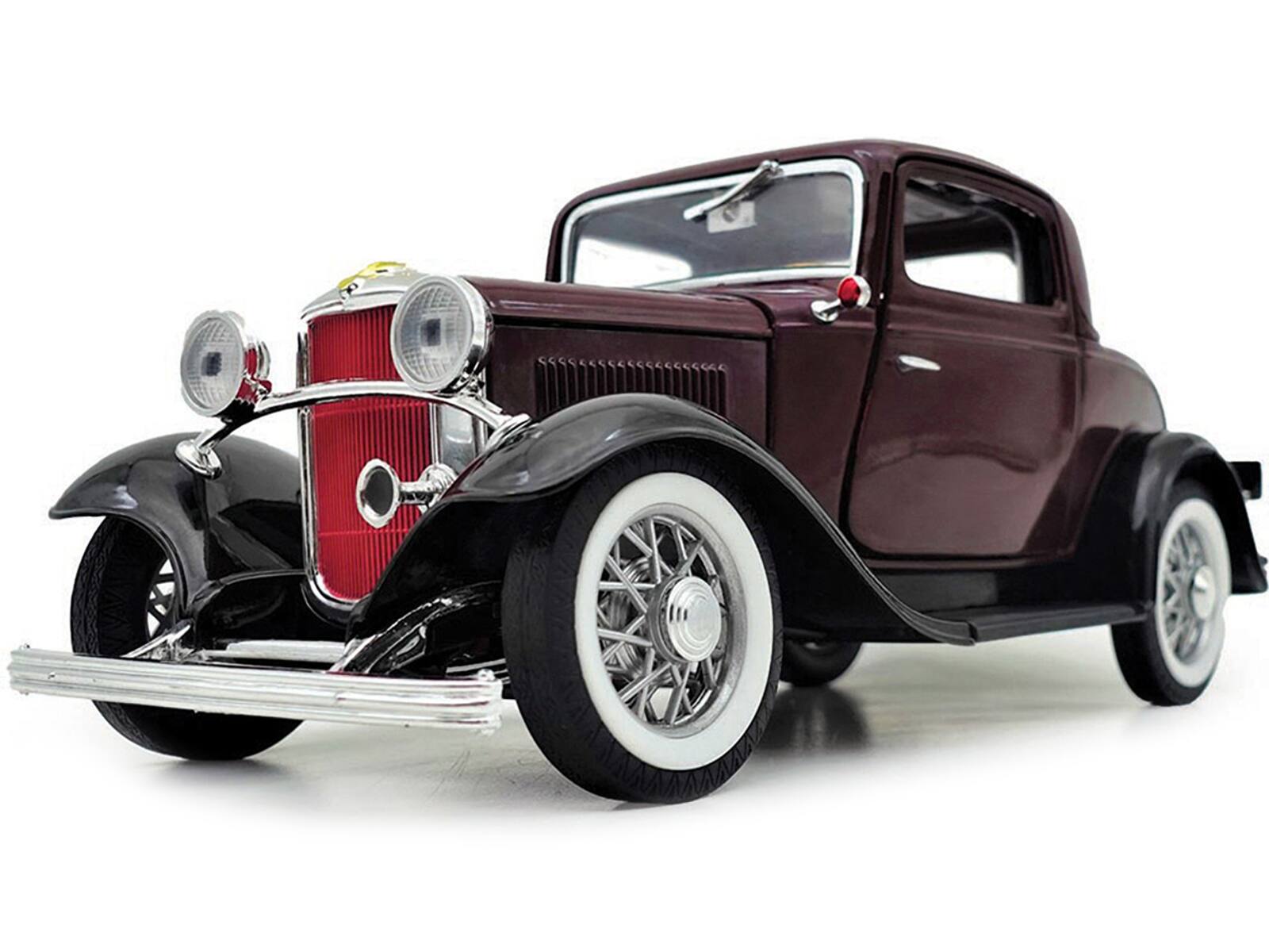 Angle. Road Signature - 1932 Ford 3-Window Coupe Burgundy with Black Top 1/18 Diecast Model Car by Road Signature - Burgundy with Black.