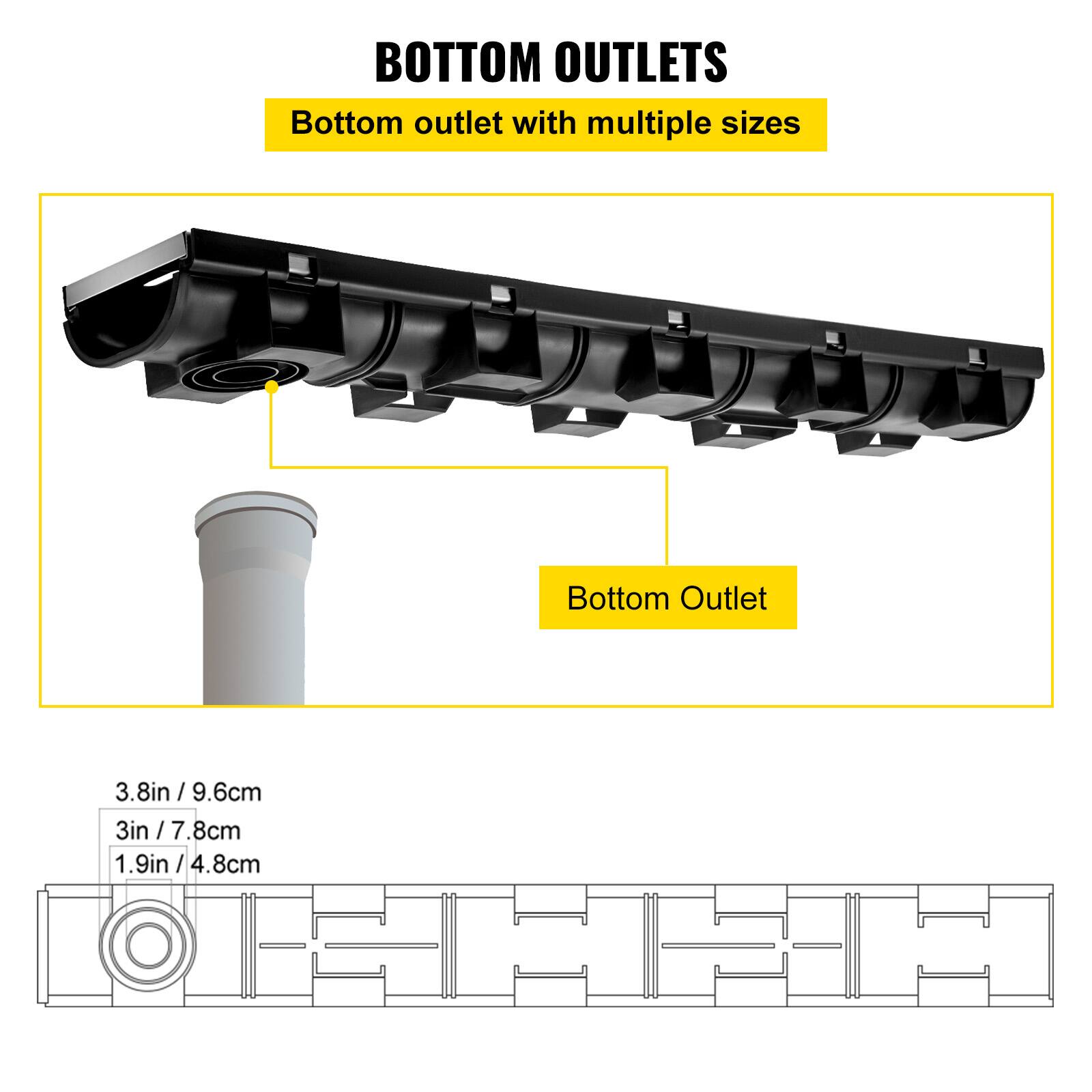 BOTTOM OUTLETS  
Bottom outlet with multiple sizes  

Bottom Outlet  
3.8in / 9.6cm  
3in / 7.8cm  
1.9in / 4.8cm