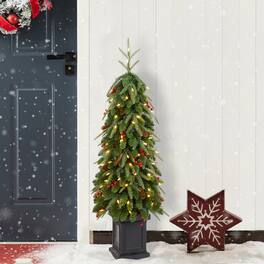 Glitzhome - 4ft Pre-lit Artificial Christmas Porch Tree, red berries,pinecones and 100 warm white lights,3 function Foot Pedal - Green