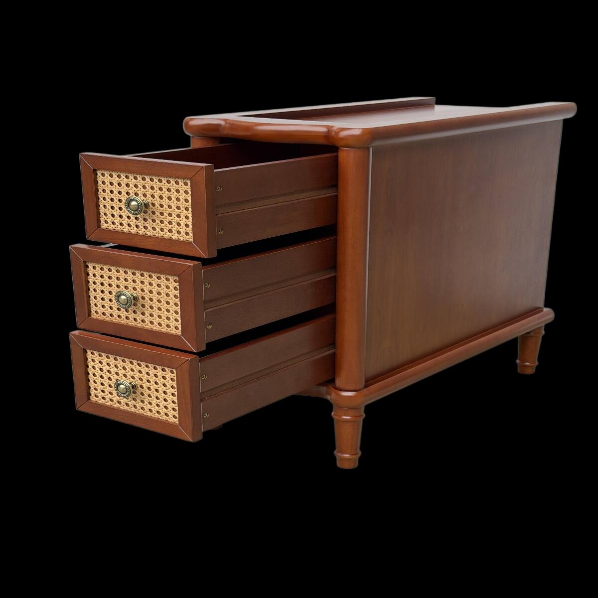 Alt View 4. Loheer - Loheer Rattan Nightstand with Three Drawers, Narrow Walnut Bedside Table - Walnut.