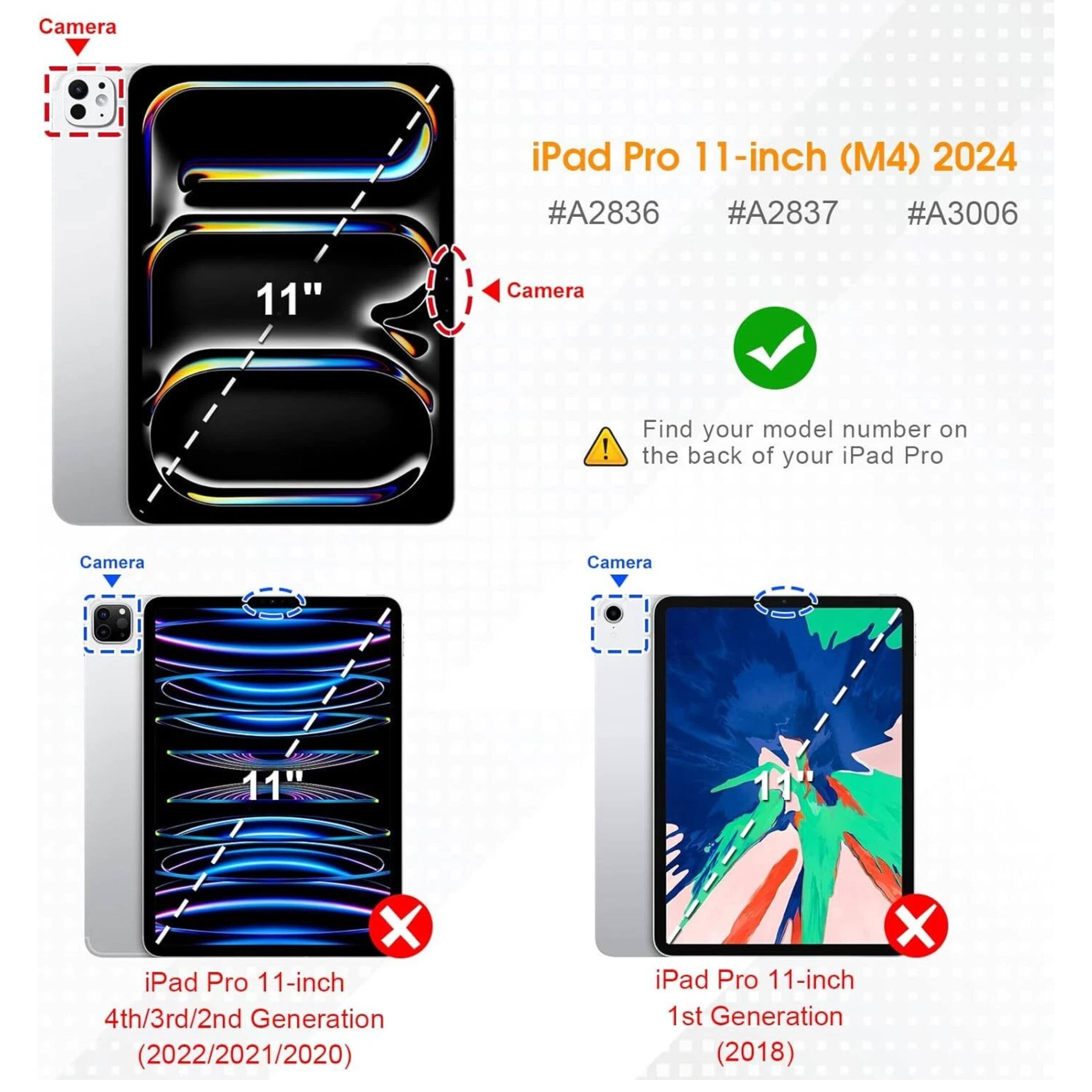 iPad Pro 11-inch (M4) 2024  
#A2836 #A2837 #A3006  

iPad Pro 11-inch 4th/3rd/2nd Generation (2022/2021/2020)  

iPad Pro 11-inch 1st Generation (2018)  

Find your model number on the back of your iPad Pro