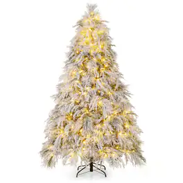 Gymax - 7 FT Pre-Lit Artificial Christmas Tree Snow Flocked Full Xmas Tree - Green, White