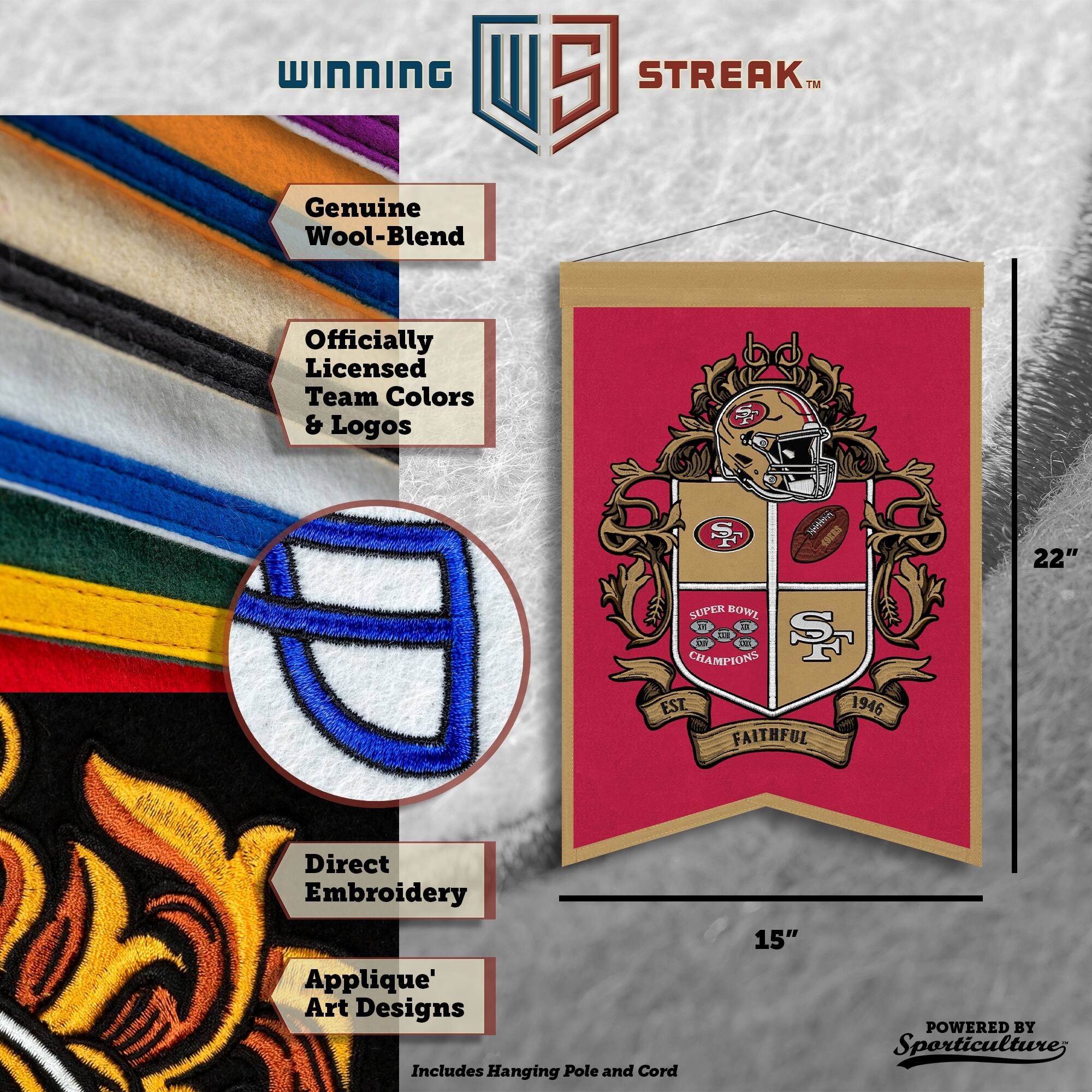 WINNING I 5 STREAK™ Genuine Wool-Blend Officially Licensed Team Colors & Logos F N 22" SUPER BOWL 2 la CHAMPIONS - Fa EST. 1946 FAITHFUL Direct Embroidery Applique' Art Designs Includes Hanging Pole and Cord 15" POWERED BY Sporticulture