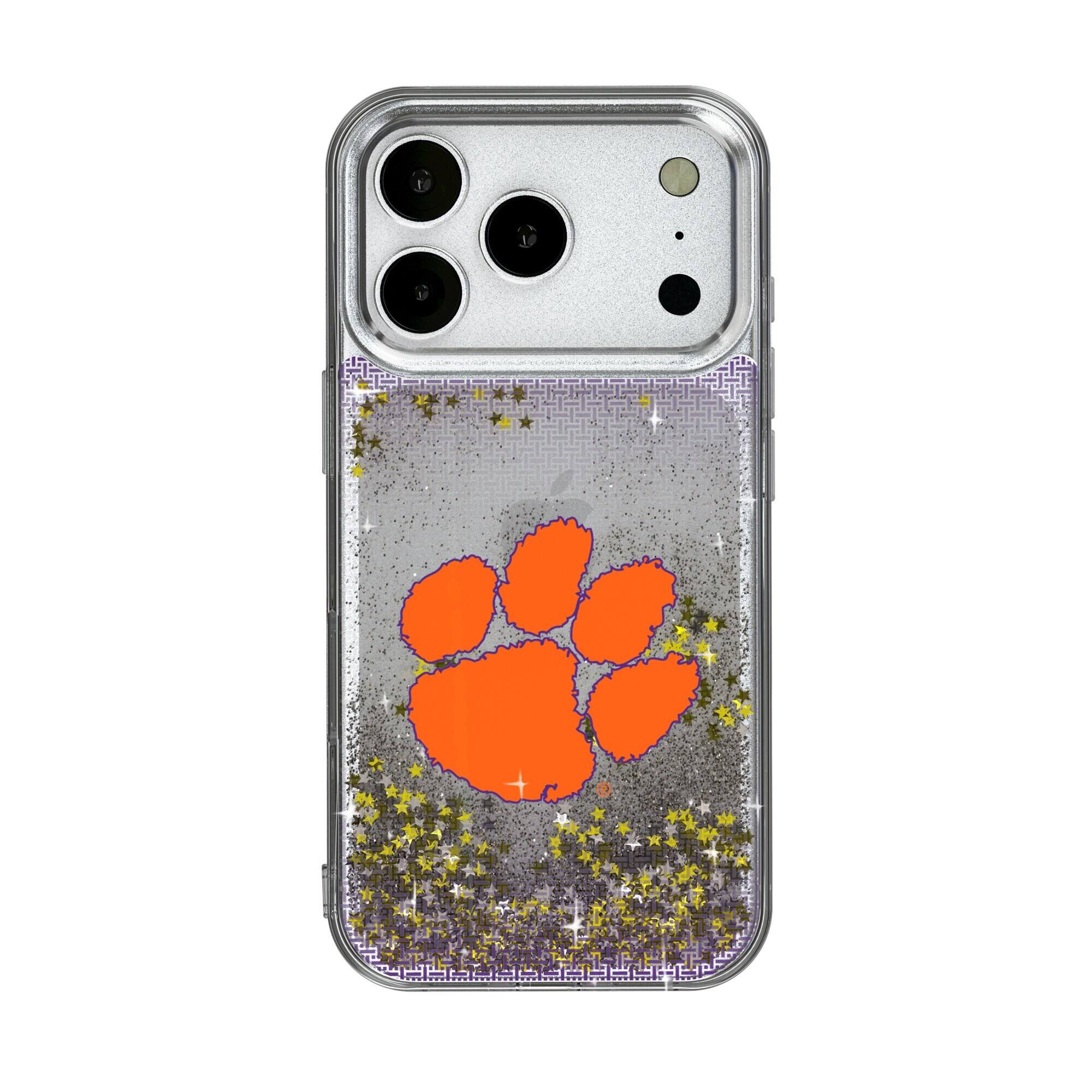 Front. Keyscaper - Clemson Tigers Linen Logo iPhone Glitter Case - 16 Pro - Multicolor.