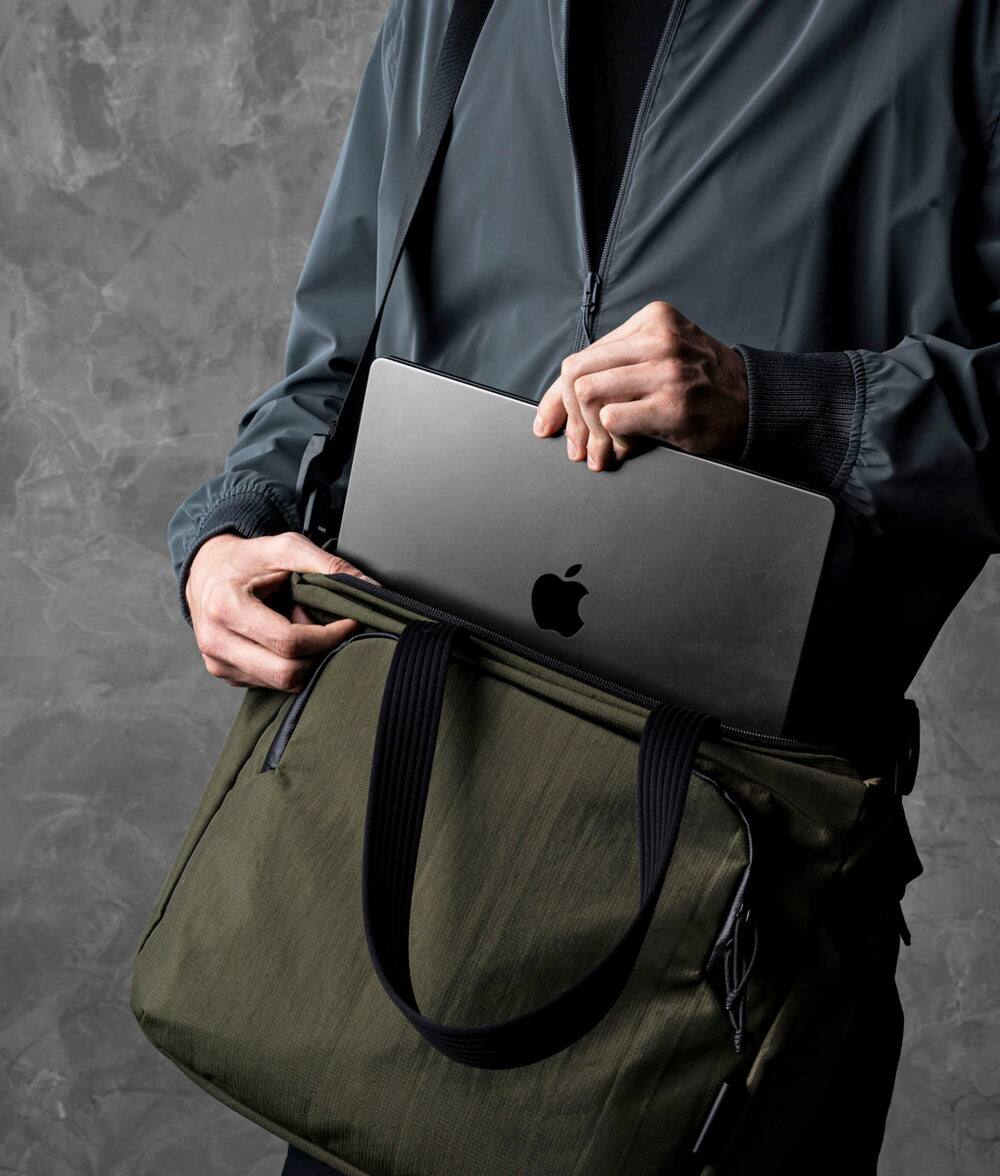 Back. ALPAKA - Bravo Tote V2 Work & Travel Laptop Tote Bag, Fits 16” MacBook Pro + 14” Tablet - Green Axoflux 400D.