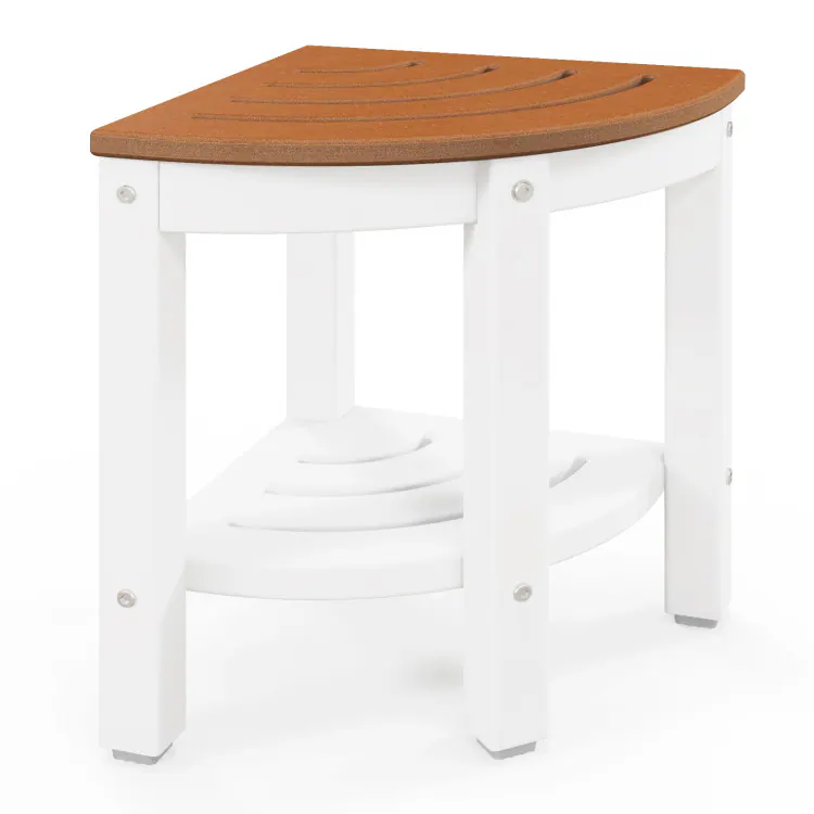 Front. SlickBlue - Heavy Duty Bathroom Corner Stool with Storage Shelf for Shower Use - Brown.