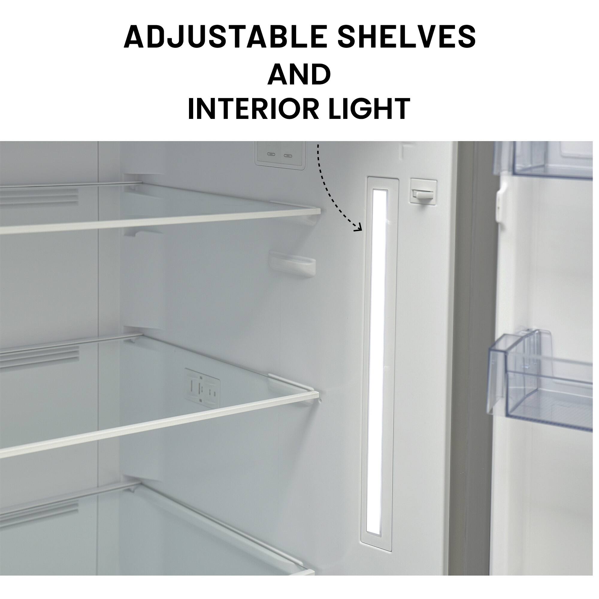 ADJUSTABLE SHELVES AND INTERIOR LIGHT