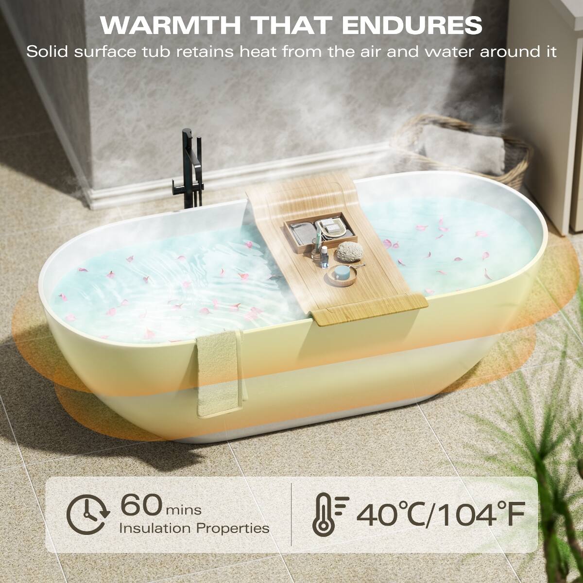 WARMTH THAT ENDURES  
Solid surface tub retains heat from the air and water around it

60 mins  
Insulation Properties

40°C/104°F