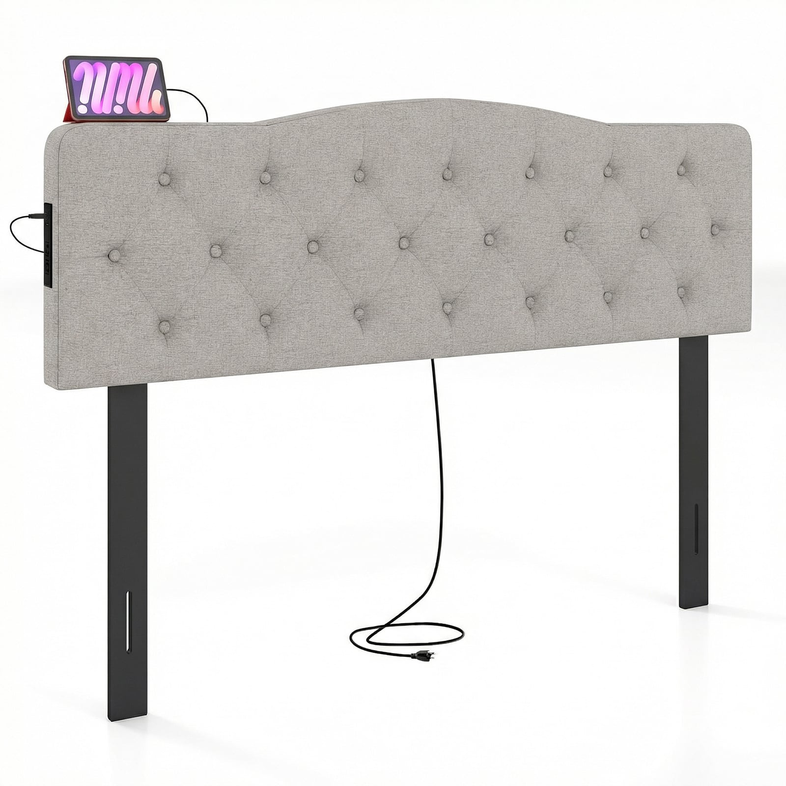 Gymax - Headboard for Queen & Full Size Bed Tufted Upholstered Head Board w/2AC Outlets - Gray