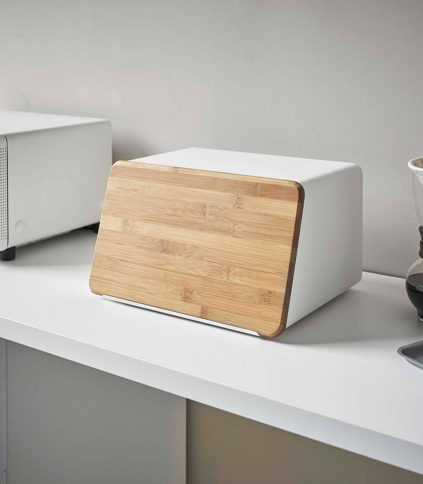 Angle. Yamazaki Home - Bread Box with Cutting Board Lid - Steel + Wood.