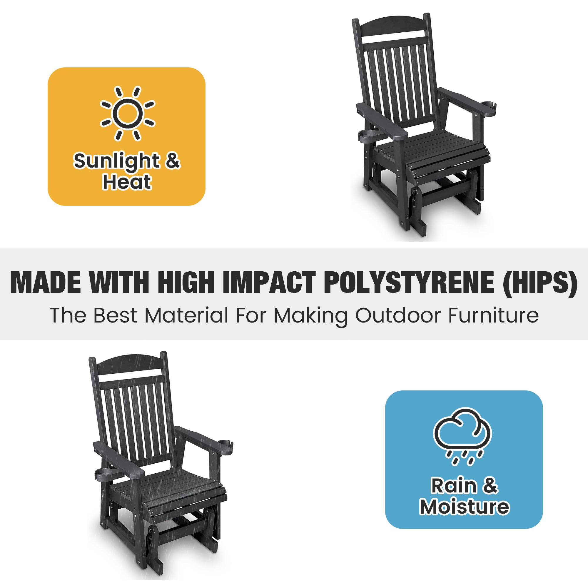 Sunlight & Heat

MADE WITH HIGH IMPACT POLYSTYRENE (HIPS)

The Best Material For Making Outdoor Furniture

Rain & Moisture