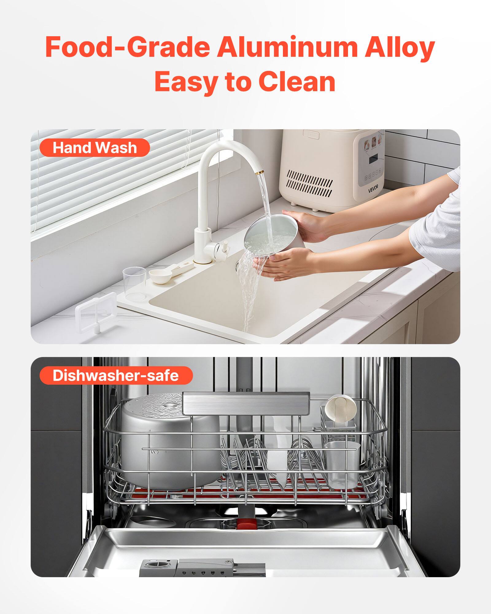 Food-Grade Aluminum Alloy  
Easy to Clean  

Hand Wash  

Dishwasher-safe