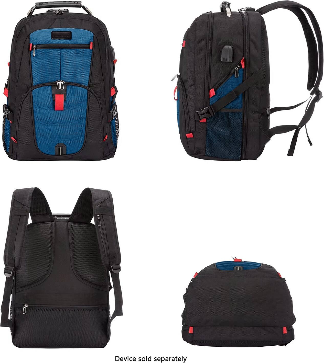 The image shows a backpack with a device sold separately.