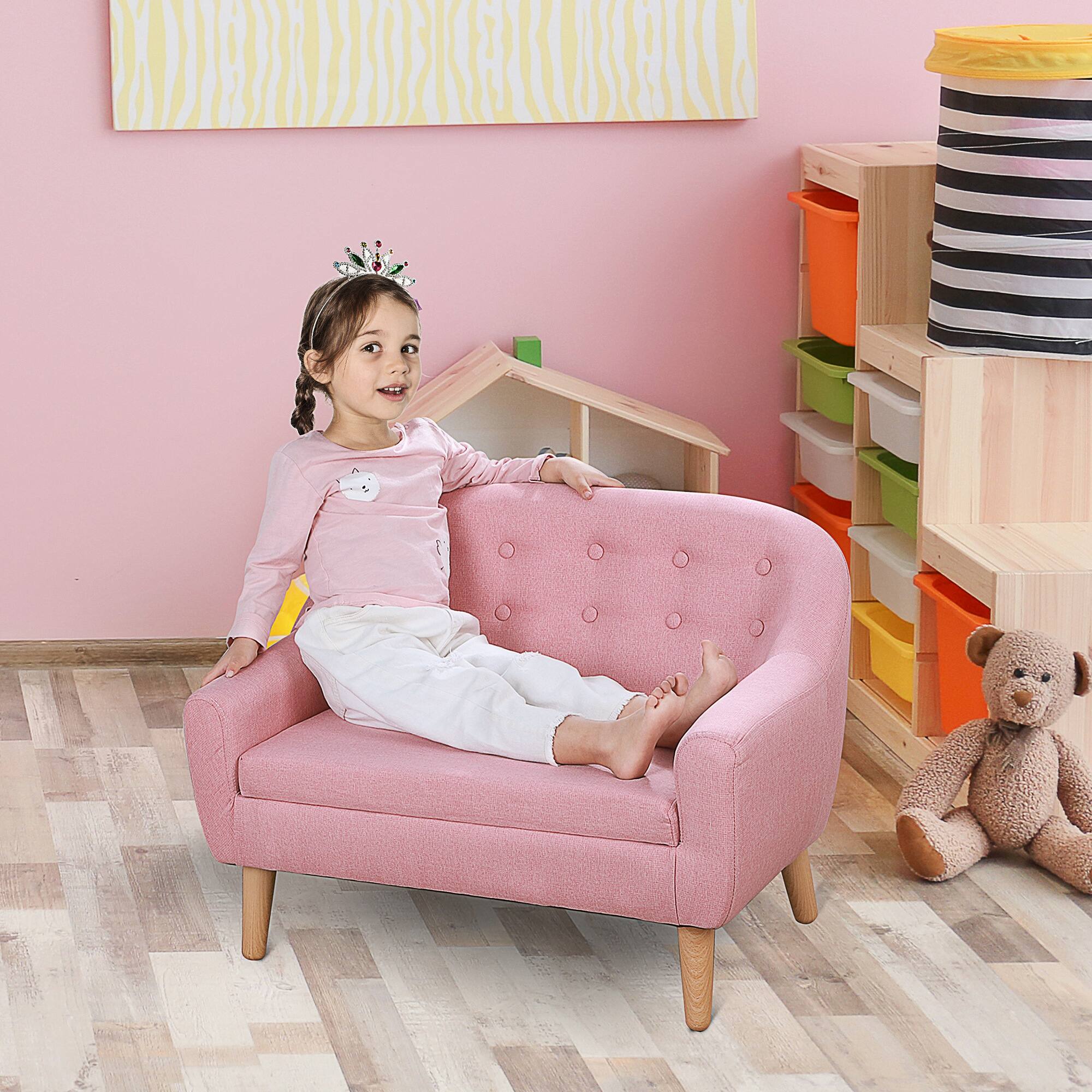 Angle. Qaba - 2-Seat Kids Sofa, Toddler Sofa Couch, Linen-Like Fabric and Wooden Frame Sofa Chair for Ages 3-7, 11" High Seat - Pink.