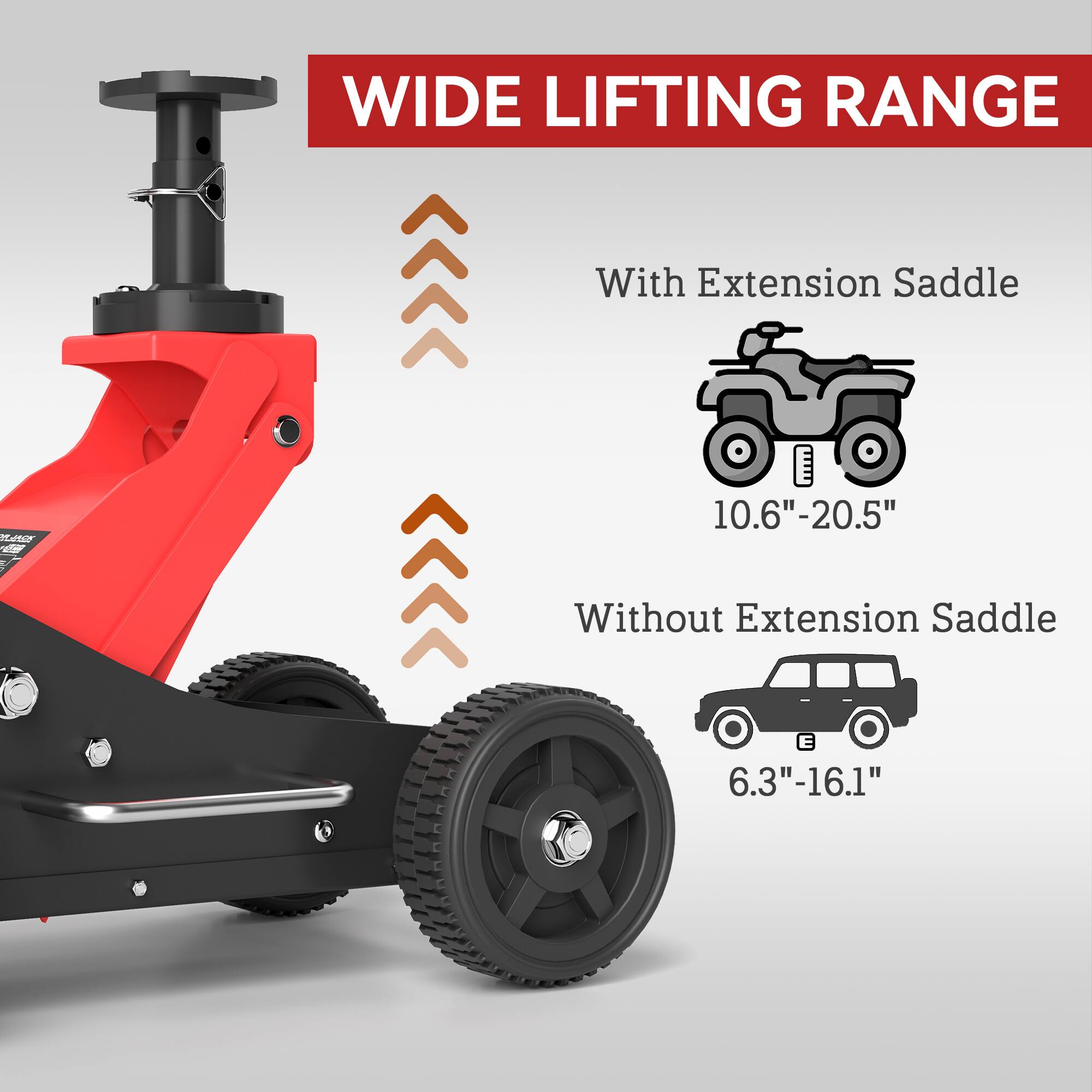 With Extension Saddle 10.6"-20.5"
Without Extension Saddle 6.3"-16.1"