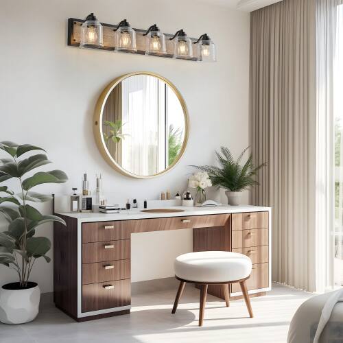 Angle. LUCKY ONE - 40in Wall Mount Vanity Light, 5-Light Farmhouse Black Wood Sconce with Seeded Glass Shades - Black.