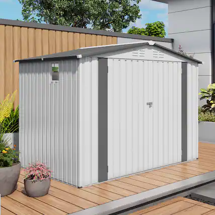 Front. Anysun - 8x6 FT Metal Outdoor Garden Storage Shed – Tool Shed with Pitched Roof, Waterproof, One Window & Two Lockable Doors - White,Gray.
