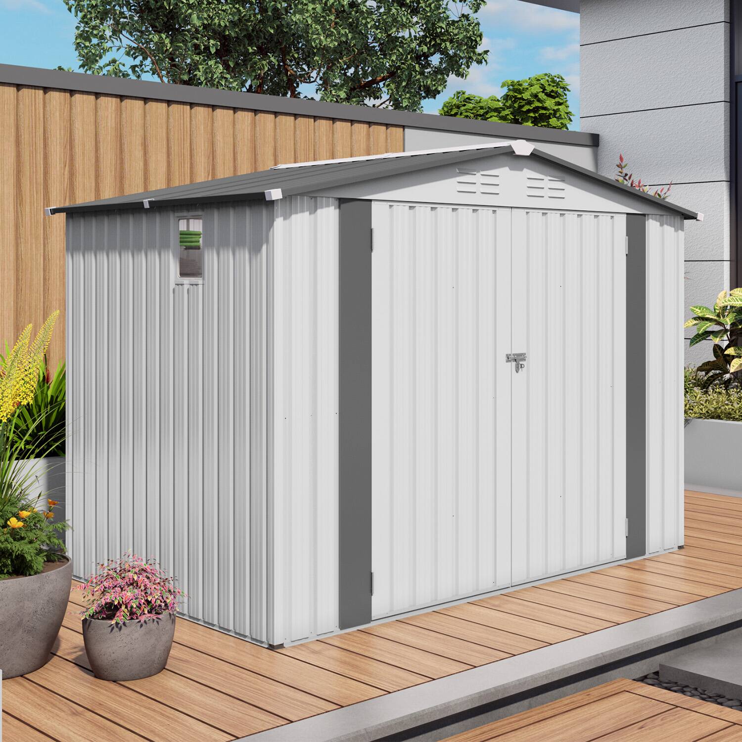 APRILSOUL - 8x6 Galvanized Steel Shed Rustproof Lockable Corner Storage Organizer - White+gray