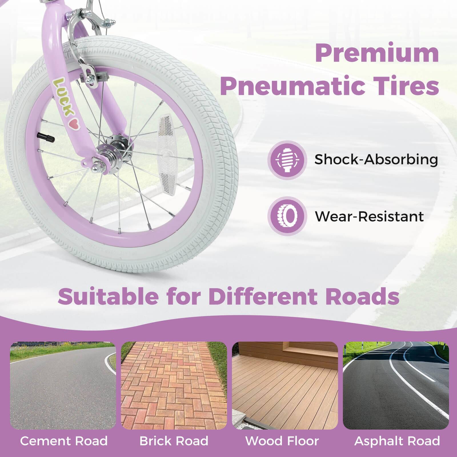 Premium Pneumatic Tires

- Shock-Absorbing
- Wear-Resistant

Suitable for Different Roads

- Cement Road
- Brick Road
- Wood Floor
- Asphalt Road