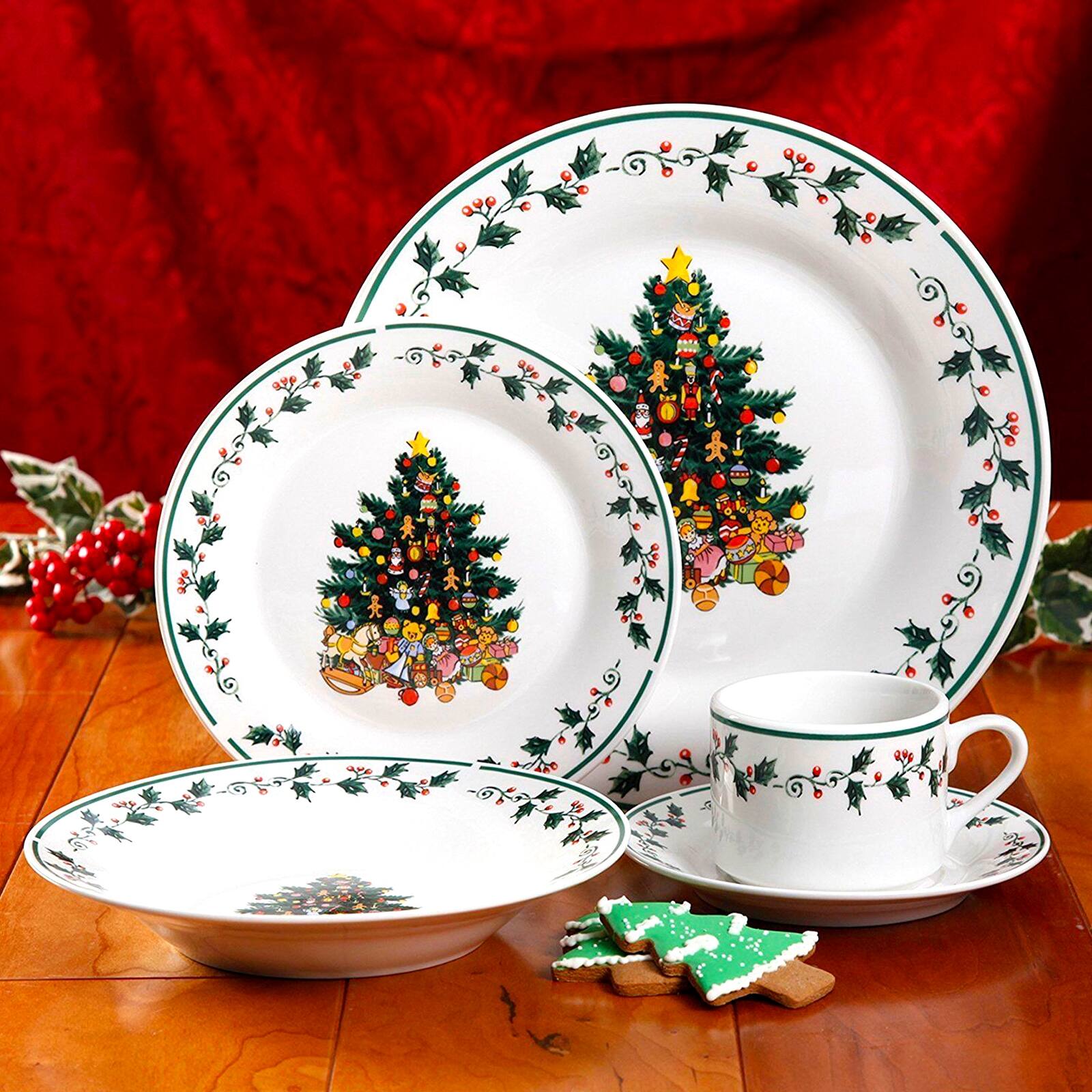 Alt View 2. Gibson - Gibson Home 20 Piece Ceramic Christmas Tree Trimming Dinnerware Set - White and Multi.