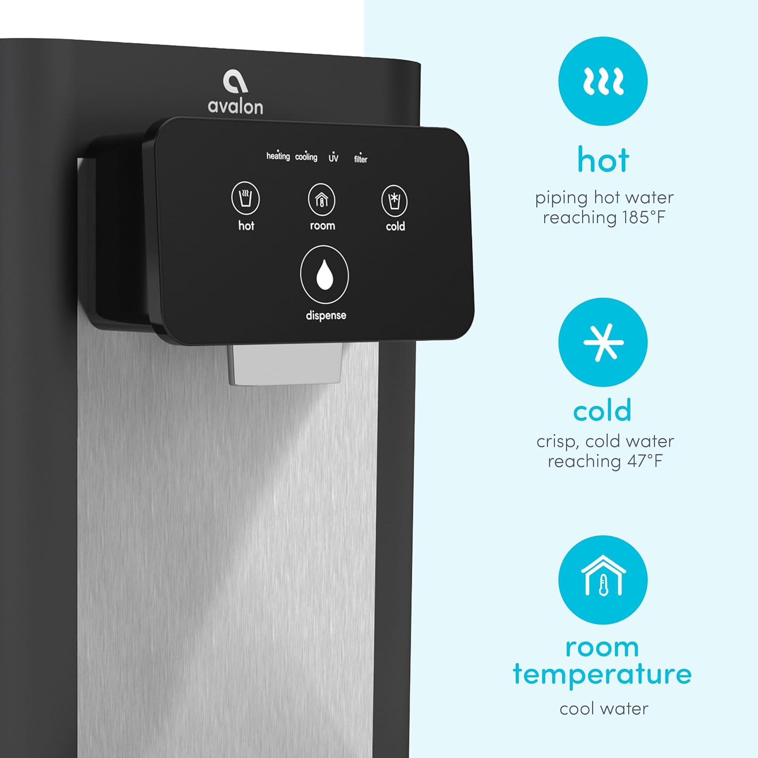avalon heating cooling UV filter

hot
piping hot water reaching 185°F

cold
crisp, cold water reaching 47°F

room temperature
cool water
