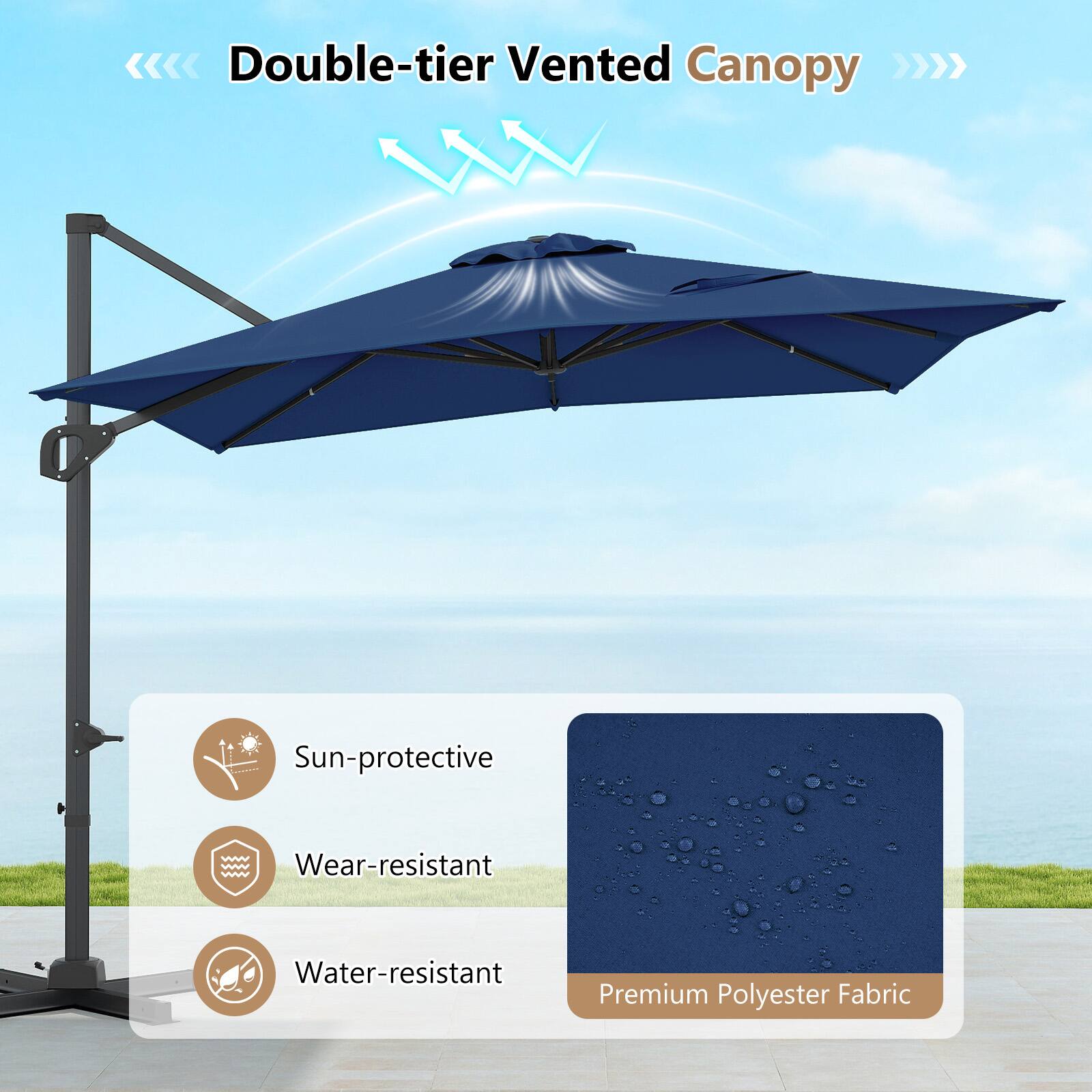 Double-tier Vented Canopy

Sun-protective
Wear-resistant
Water-resistant

Premium Polyester Fabric