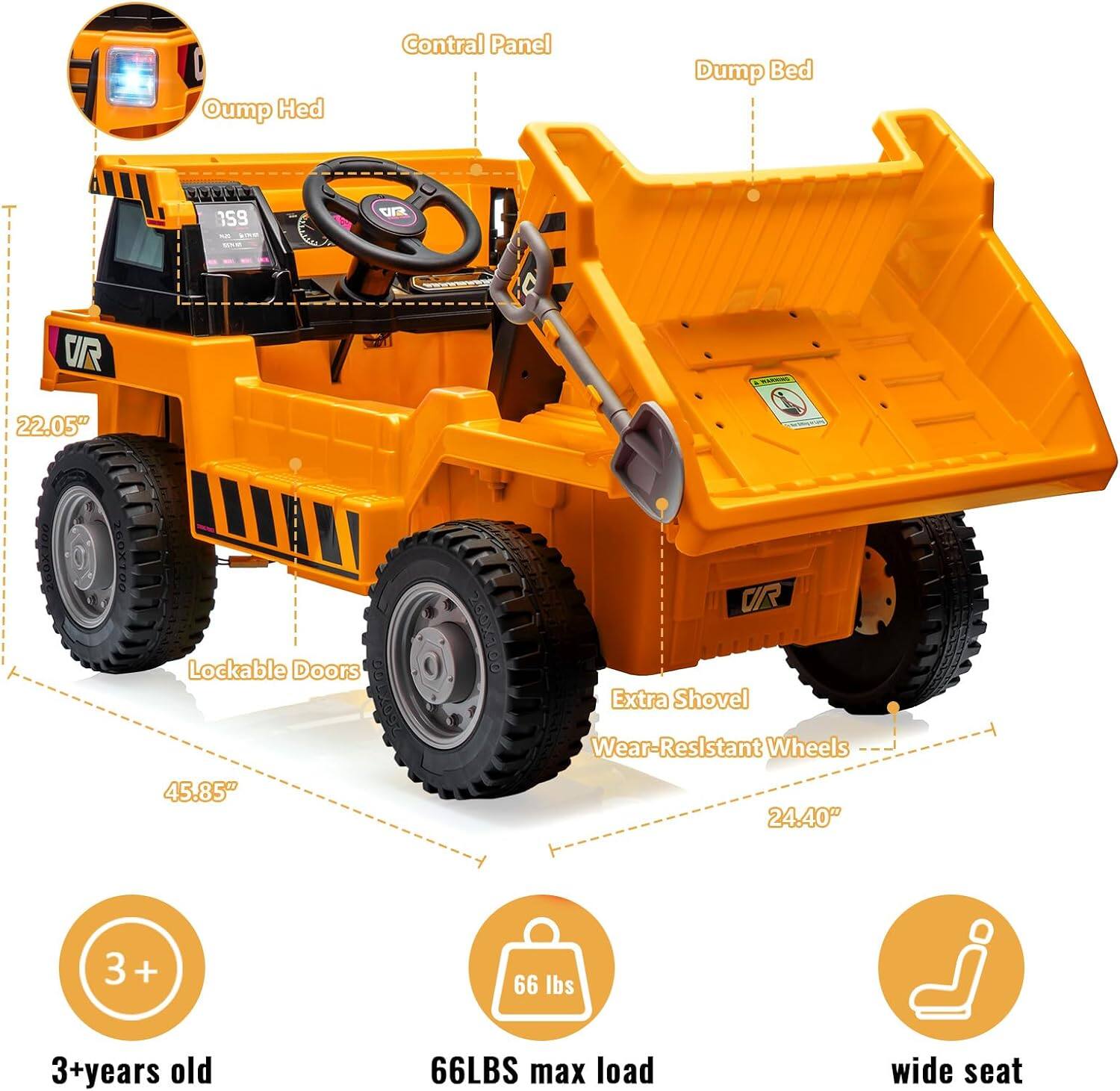 - Control Panel
- Oump Hed
- Dump Bed
- 22.05"
- Lockable Doors
- 45.85"
- Extra Shovel
- Wear-Resistant Wheels
- 24.40"
- 3+ years old
- 66 LBS max load
- wide seat