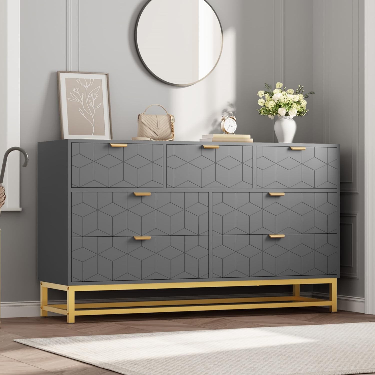 Left. Homhougo - Grey 53.5" Wide 7-Drawer Dresser, Gold Accents, TV Stand or Closet Storage - Grey.
