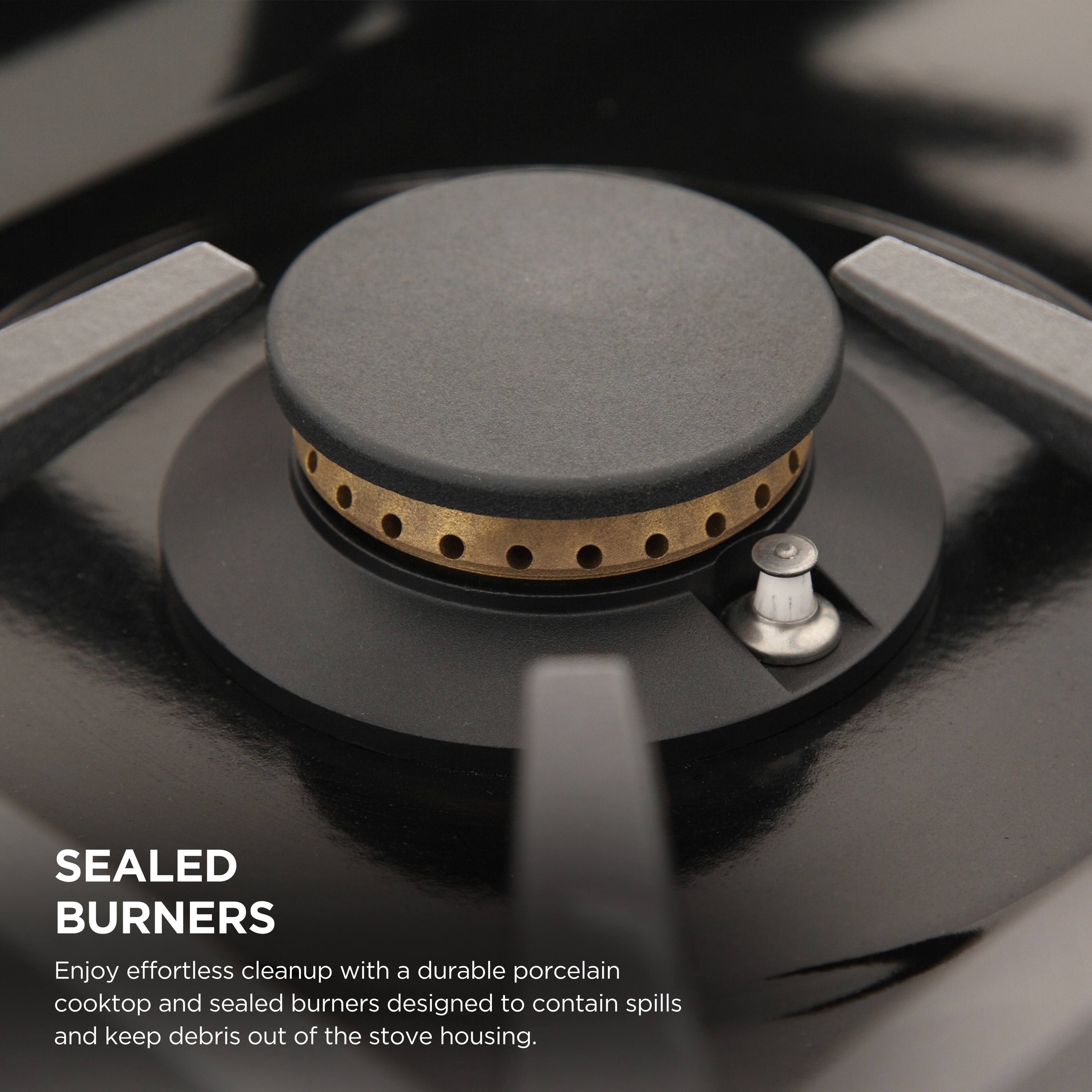 SEALED BURNERS

Enjoy effortless cleanup with a durable porcelain cooktop and sealed burners designed to contain spills and keep debris out of the stove housing.