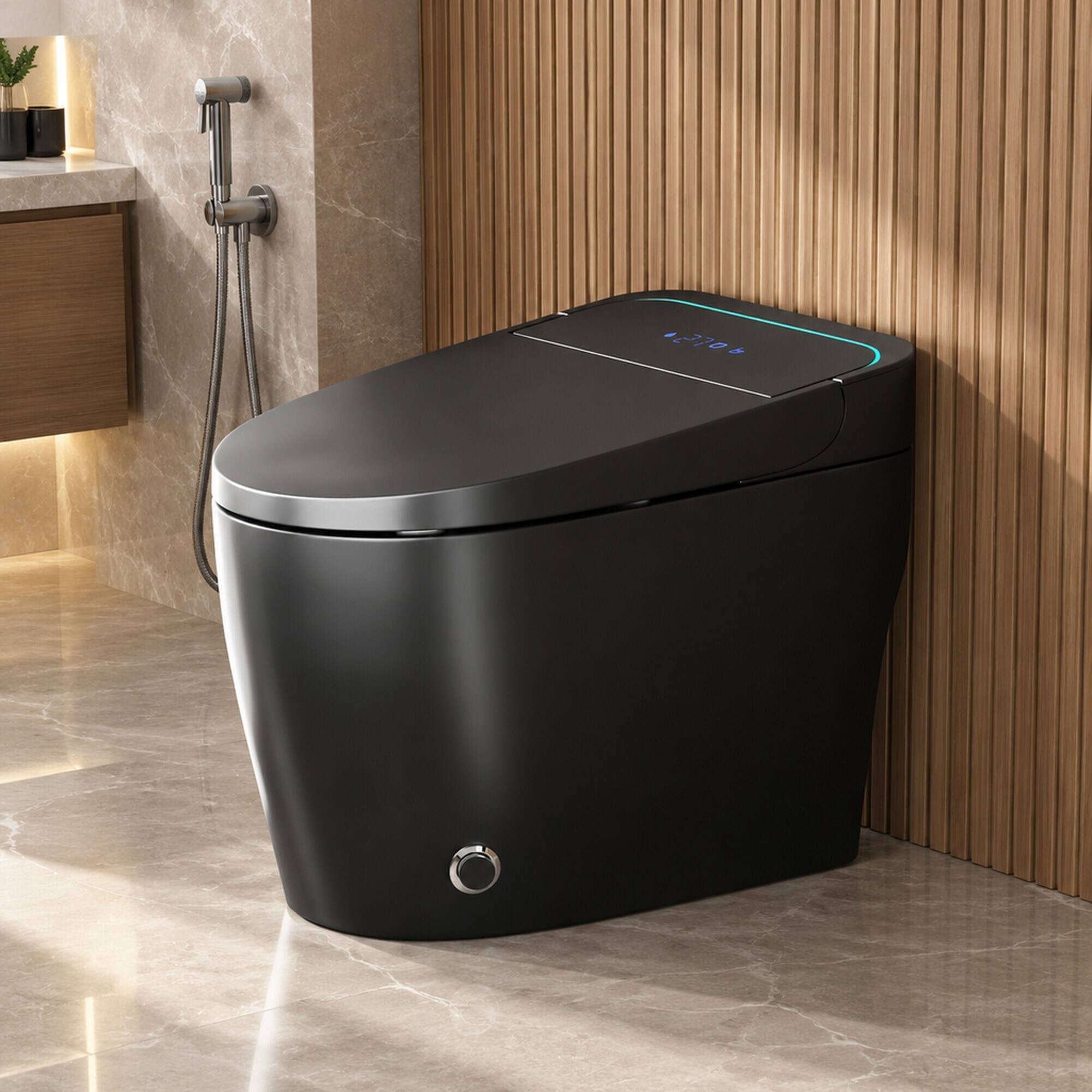 Angle. RYHNUYNE - Unique One Piece Smart Bidet Toilet, Auto Open Close Seat Warm Water Dryer For Modern Bathroom In Deep Black - Black.