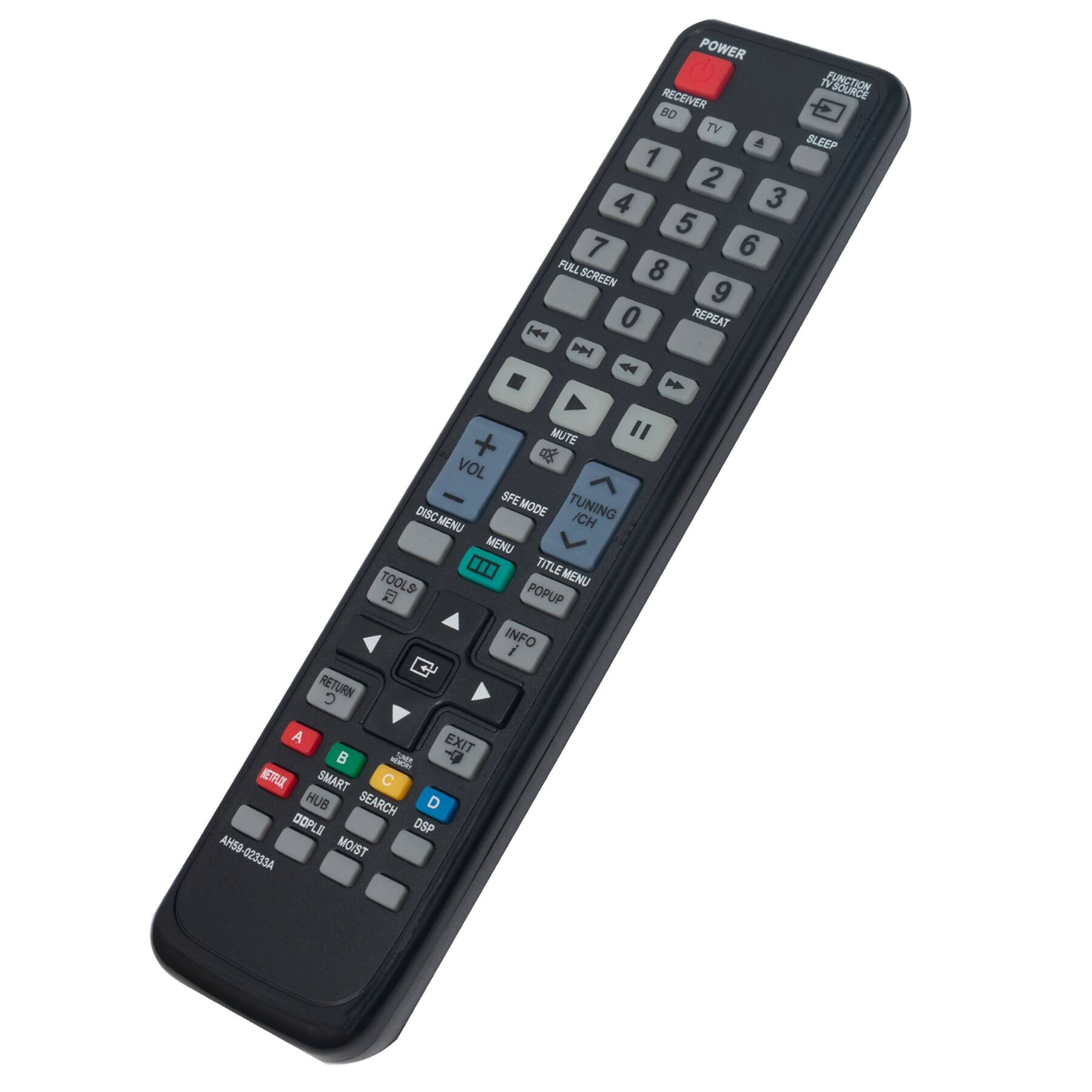 POWER RECEIVER NSUAc  
TV SLEEP 1 2 3 4 5 6 7 8 9 0 FULL SCREEN REPEAT H4 P MUTE VOL SPE MODE TUNING DISC CH MENU TITLE TOOLS MENU POPUP INFO RETURN A EXIT B AE EIRX SMART C HUB SEARCH D DOPPEL DSP AHSO MO/ST 02333A