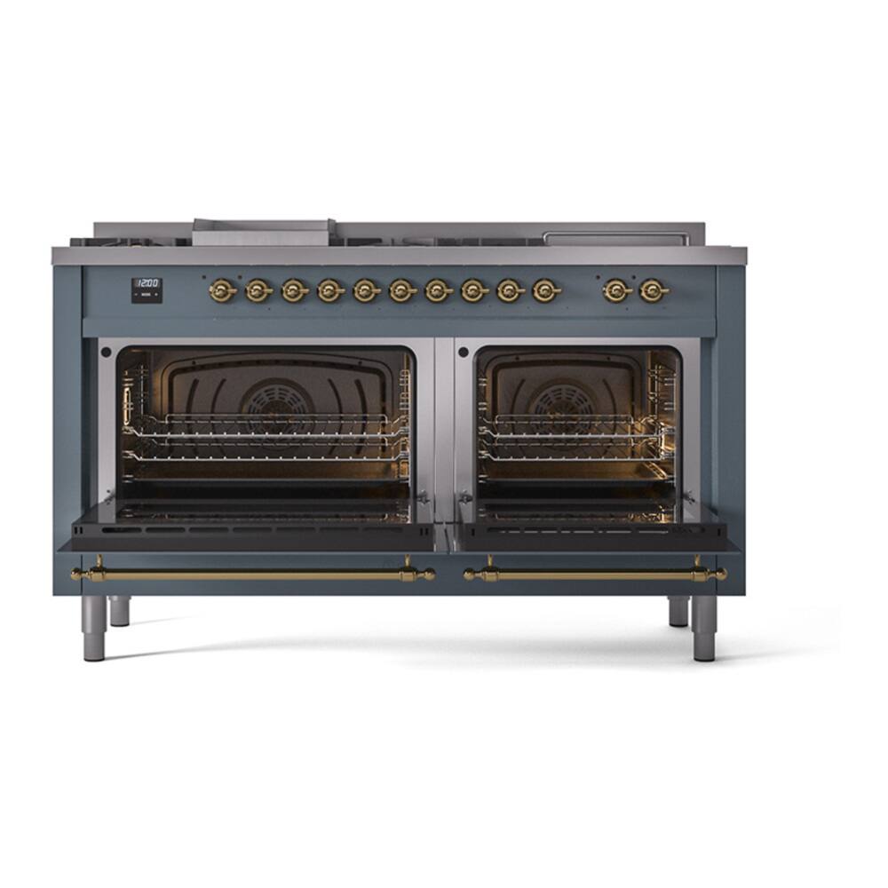 Alt View 4. ILVE - ILVE Nostalgie II 60 inch Dual Fuel Range with 7 Burners + Griddle (Liquid Propane, Blue Grey, Brass Trim) - Blue Grey.