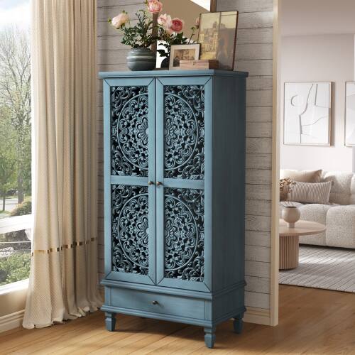 Angle. LUCKY ONE - 55in Freestanding Tall Storage Cabinet with Drawer Carved Doors Solid Wood Legs for Living Room Hallway - Antique Blue.
