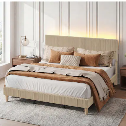 Front. Bestier - King Size Velvet Upholstered Platform Bed Frame with Storage Headboard LED Lights - Taupe.