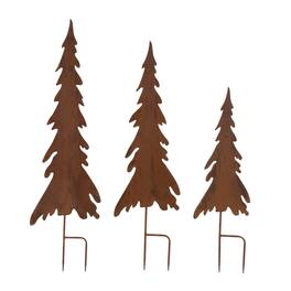 BreeBe - Rusted Iron Pine Tree Stake (Set of 3) - Brown