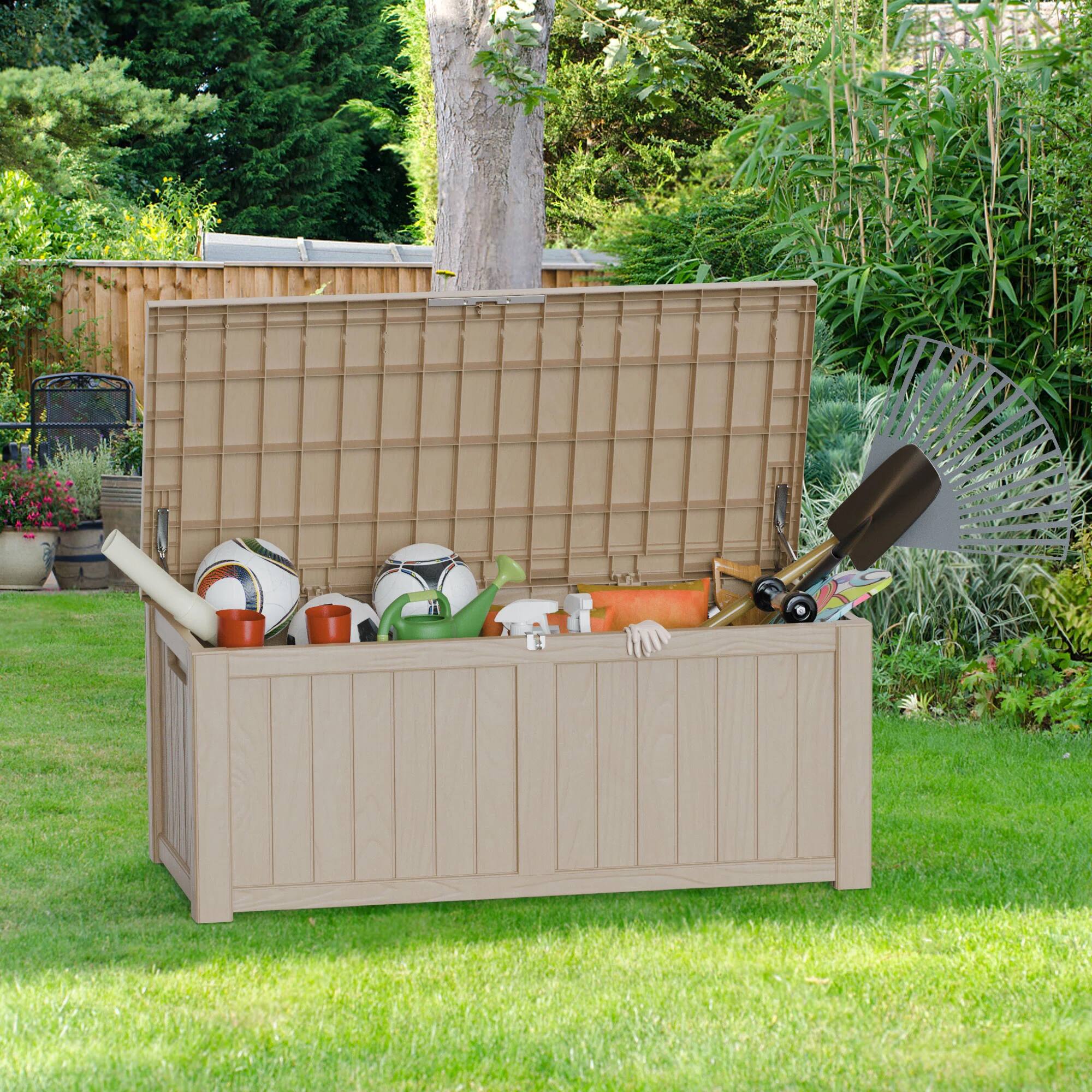 Left. Chic Crate - Hurricane-Proof 120-Gal Deck Box - HDPE w/ Lock - Brown.