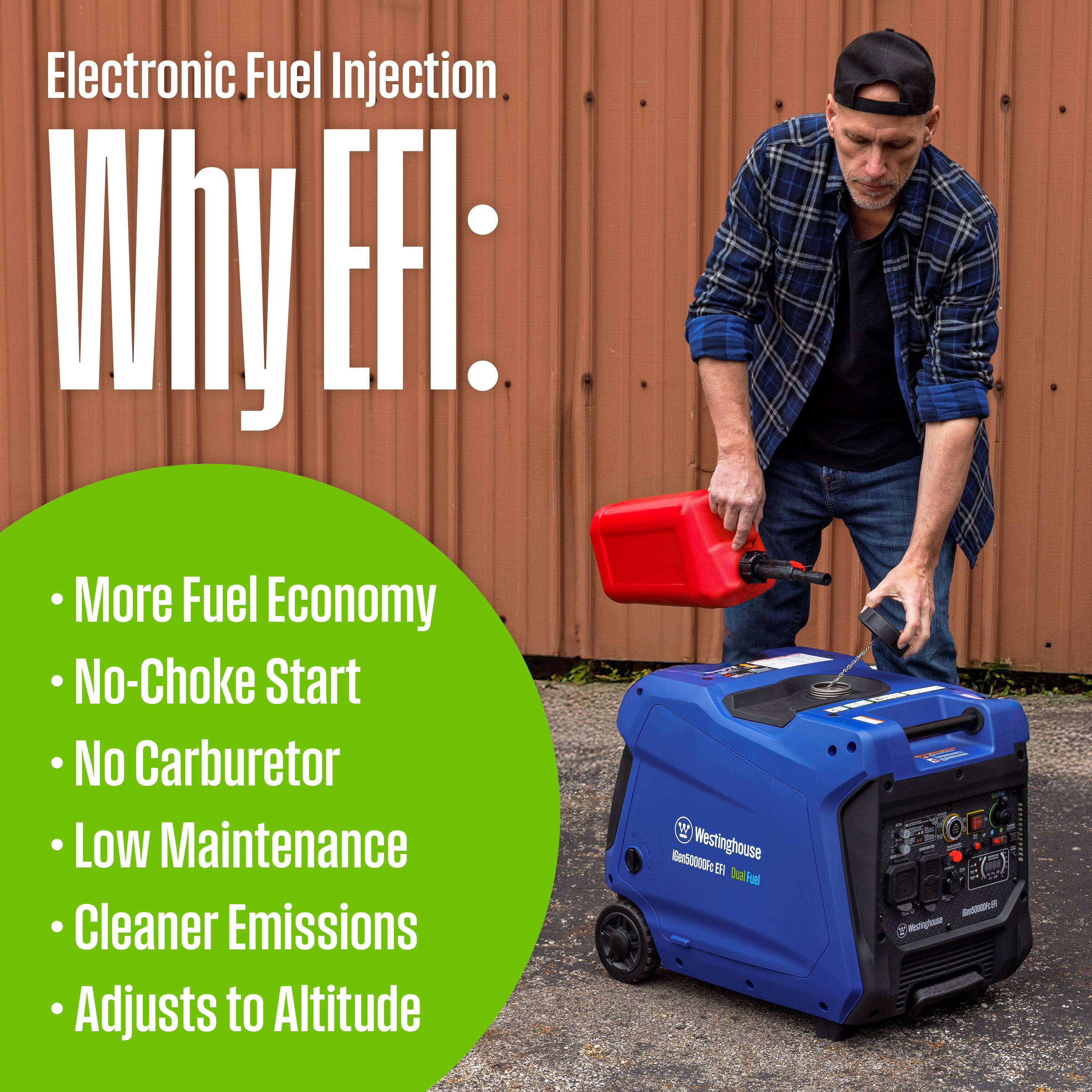 Electronic Fuel Injection  
Why EFI:  
- More Fuel Economy  
- No-Choke Start  
- No Carburetor  
- Low Maintenance  
- Cleaner Emissions  
- Adjusts to Altitude  

Westinghouse  
Gen5000EFi  
Dos Fas S. EO - -p