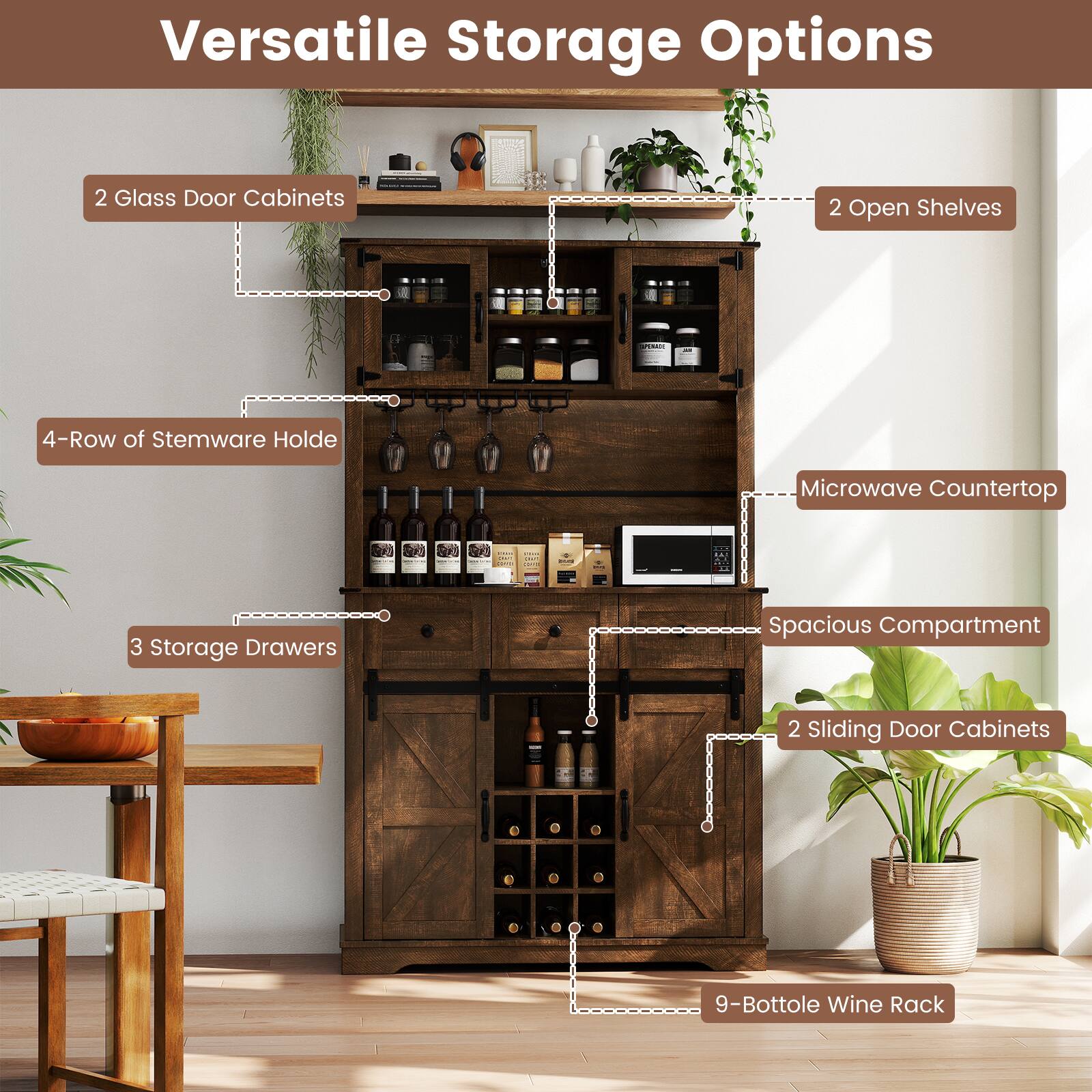 Versatile Storage Options

- 2 Glass Door Cabinets
- 2 Open Shelves
- 4-Row of Stemware Holders
- 3 Storage Drawers
- Microwave Countertop
- Spacious Compartment
- 2 Sliding Door Cabinets
- 9-Bottle Wine Rack