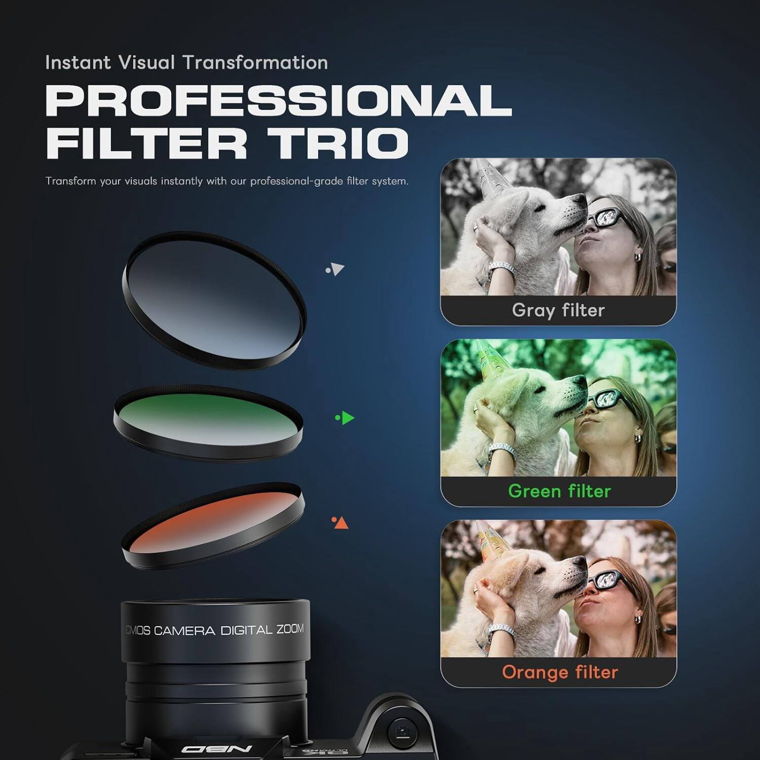 Instant Visual Transformation  
PROFESSIONAL FILTER TRIO  
Transform your visuals instantly with our professional-grade filter system.  

Gray filter  
Green filter  
Orange filter  

OS CAMERA DIGITAL ZOOM