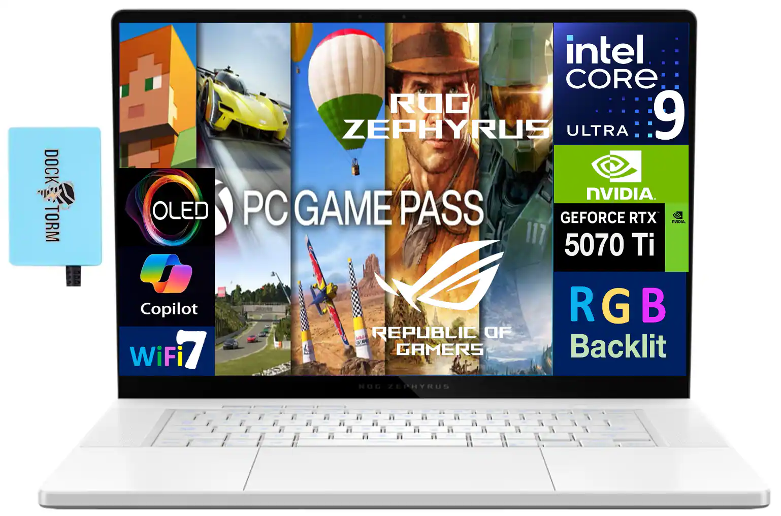 DOCK TORM TORM OLED Copilot WiFi 77 intel CORE 9 ROG ZEPHYRUS ULTRA 9 NVIDIA PC GAME PASS GEFORCE RTX 5070 Ti RGB Backlit ROG ZEPHYRUS