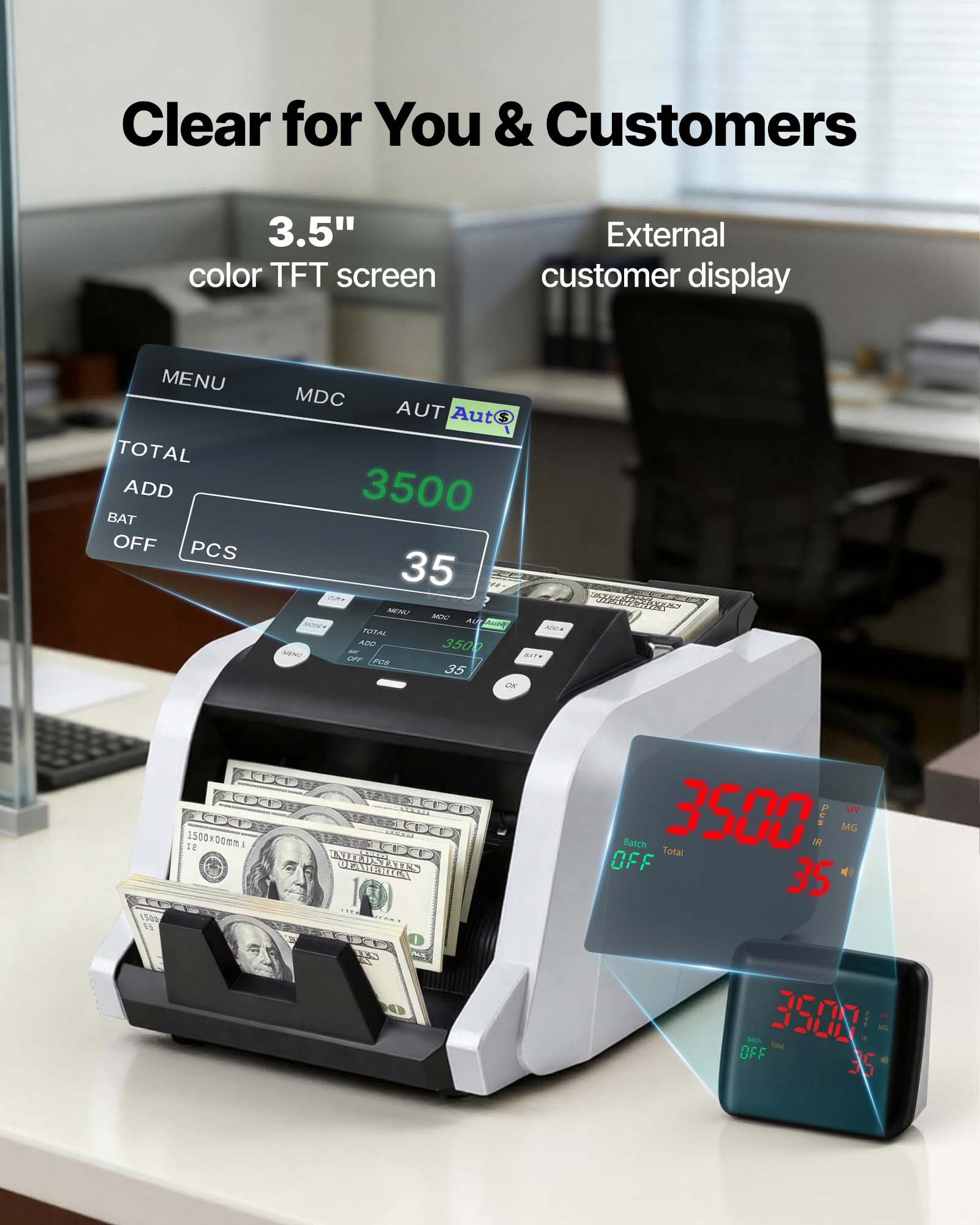 Clear for You & Customers

3.5" color TFT screen

External customer display

MENU TOTAL ADD BAT OFF PCS MDC TUA Aut 3500 35 nm

SEWE MEN MA aA An

FORAL 4 3500 SENG ITE CN PCR 35 an 150 1 150000m t AYFE NUEDN RENT STAVERIC 3500 UN PEG MG Batch IR Total OFF

35 3500 - ML R CaM OFF 35